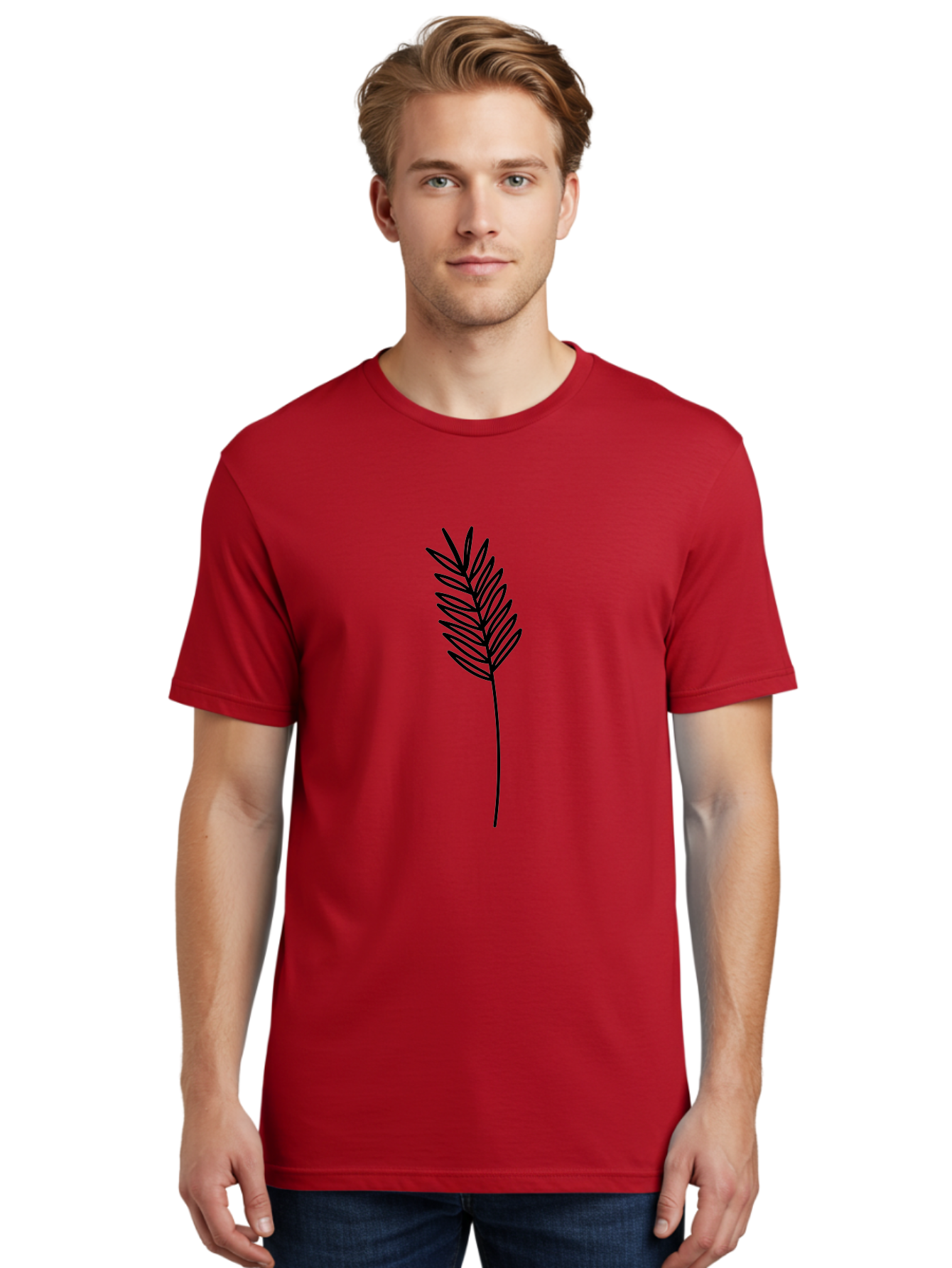 Leaf Men'S Graphic Tee, 100% Cotton, Comfortable Casual Summer Wear, Machine Washable, Palm Frond, Simple Illustration, Minimalist Design, Vector Graphic, Black Outline, Foliage, Tropical Leaf, Botanical Art, Leafy Branch, Modern Iconography Aac220