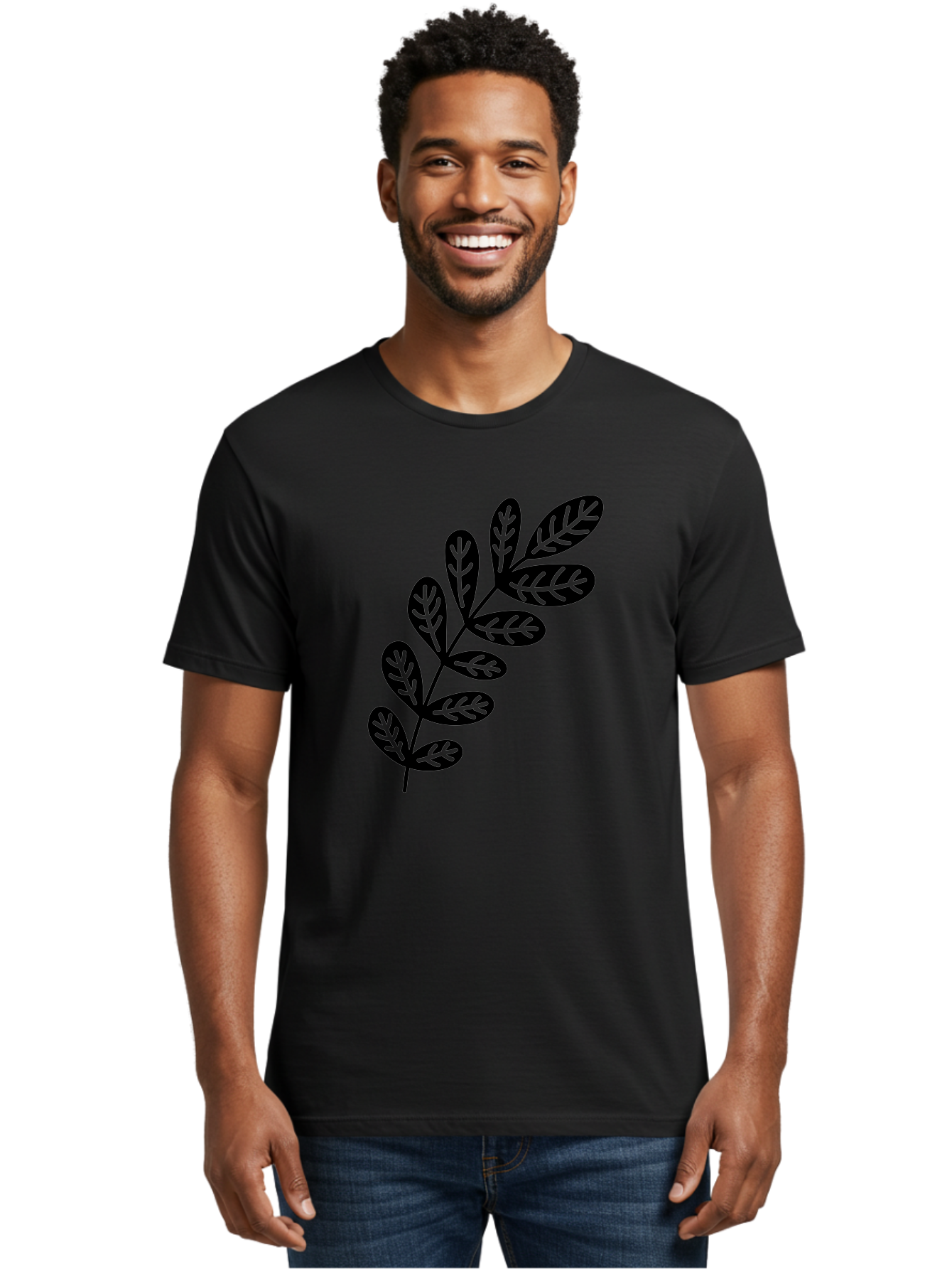 Leafy-Branch-1 Men'S Graphic Tee, 100% Cotton, Comfortable Casual Summer Wear, Machine Washable, Stylized Branch, Leaf Pattern, Modern Design, Abstract Art, Foliage Illustration, Minimalist Decor, Black Silhouettes, Leafy Theme Aac221