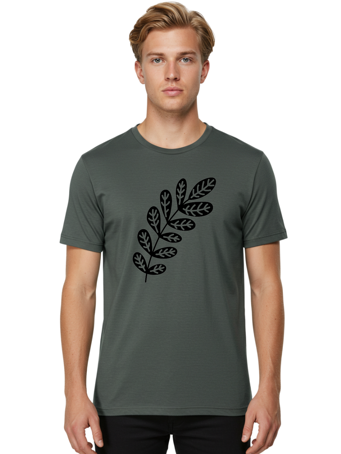 Leafy-Branch-1 Men'S Graphic Tee, 100% Cotton, Comfortable Casual Summer Wear, Machine Washable, Stylized Branch, Leaf Pattern, Modern Design, Abstract Art, Foliage Illustration, Minimalist Decor, Black Silhouettes, Leafy Theme Aac221