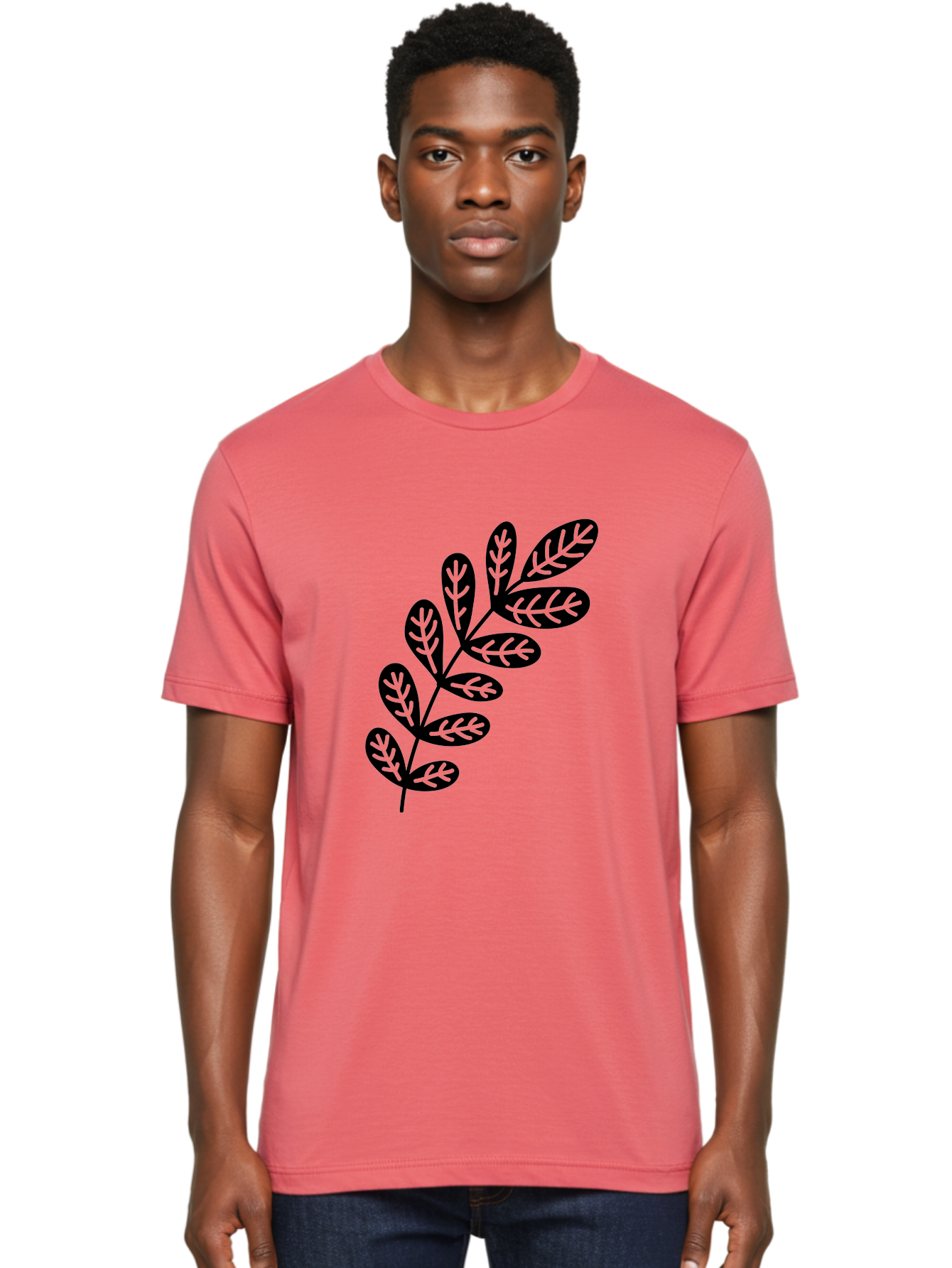 Leafy-Branch-1 Men'S Graphic Tee, 100% Cotton, Comfortable Casual Summer Wear, Machine Washable, Stylized Branch, Leaf Pattern, Modern Design, Abstract Art, Foliage Illustration, Minimalist Decor, Black Silhouettes, Leafy Theme Aac221