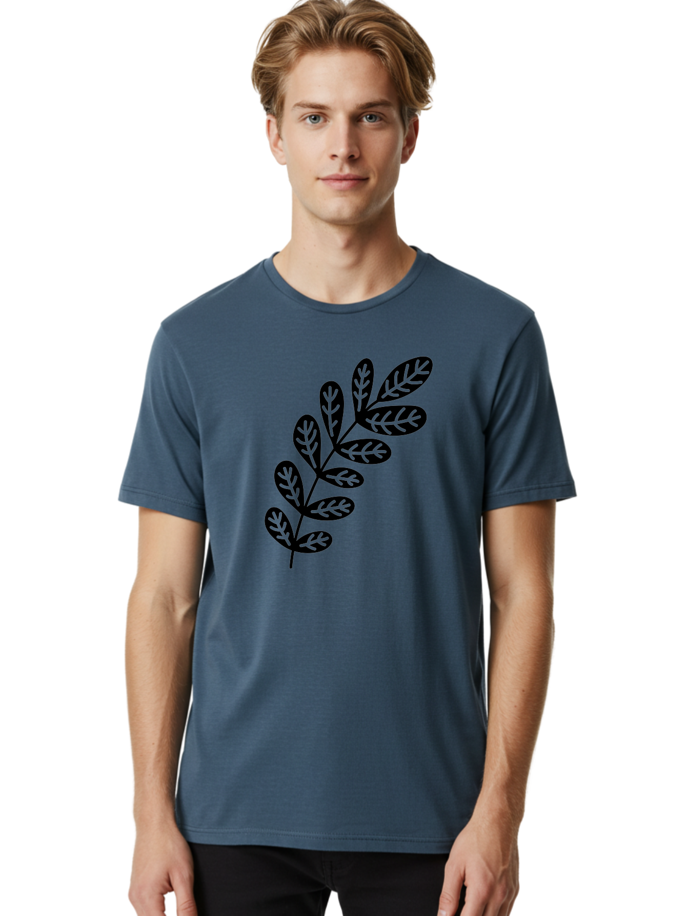 Leafy-Branch-1 Men'S Graphic Tee, 100% Cotton, Comfortable Casual Summer Wear, Machine Washable, Stylized Branch, Leaf Pattern, Modern Design, Abstract Art, Foliage Illustration, Minimalist Decor, Black Silhouettes, Leafy Theme Aac221