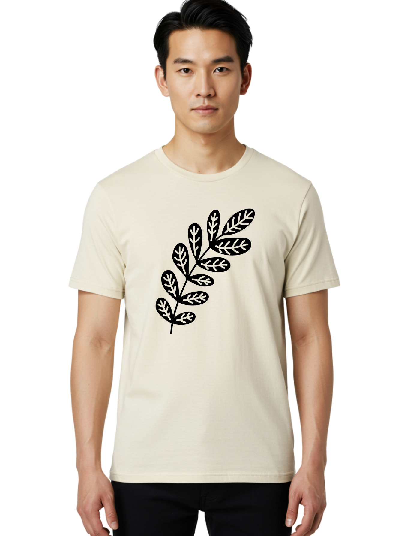 Leafy-Branch-1 Men'S Graphic Tee, 100% Cotton, Comfortable Casual Summer Wear, Machine Washable, Stylized Branch, Leaf Pattern, Modern Design, Abstract Art, Foliage Illustration, Minimalist Decor, Black Silhouettes, Leafy Theme Aac221