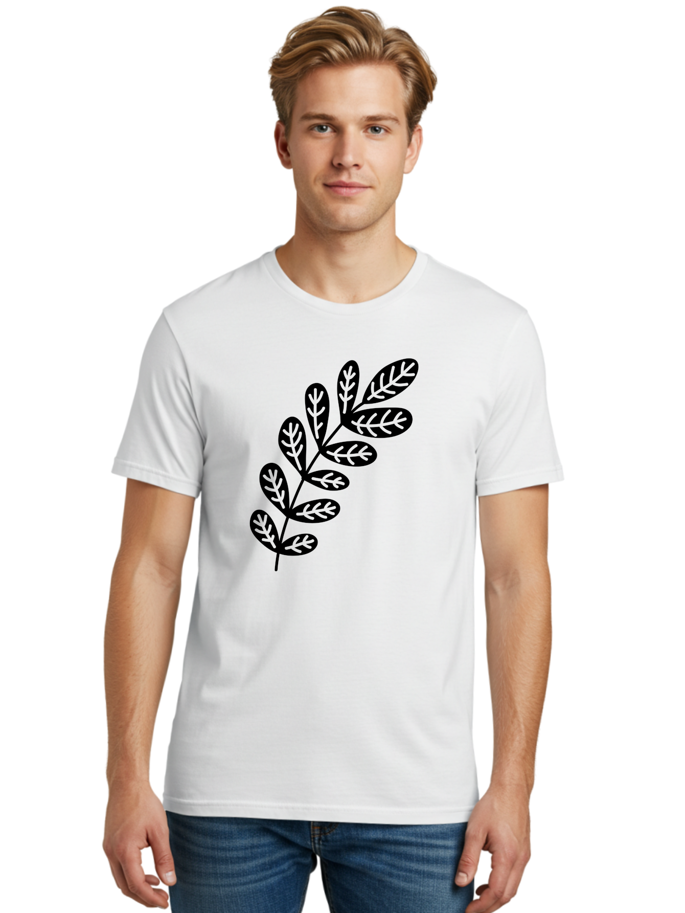 Leafy-Branch-1 Men'S Graphic Tee, 100% Cotton, Comfortable Casual Summer Wear, Machine Washable, Stylized Branch, Leaf Pattern, Modern Design, Abstract Art, Foliage Illustration, Minimalist Decor, Black Silhouettes, Leafy Theme Aac221
