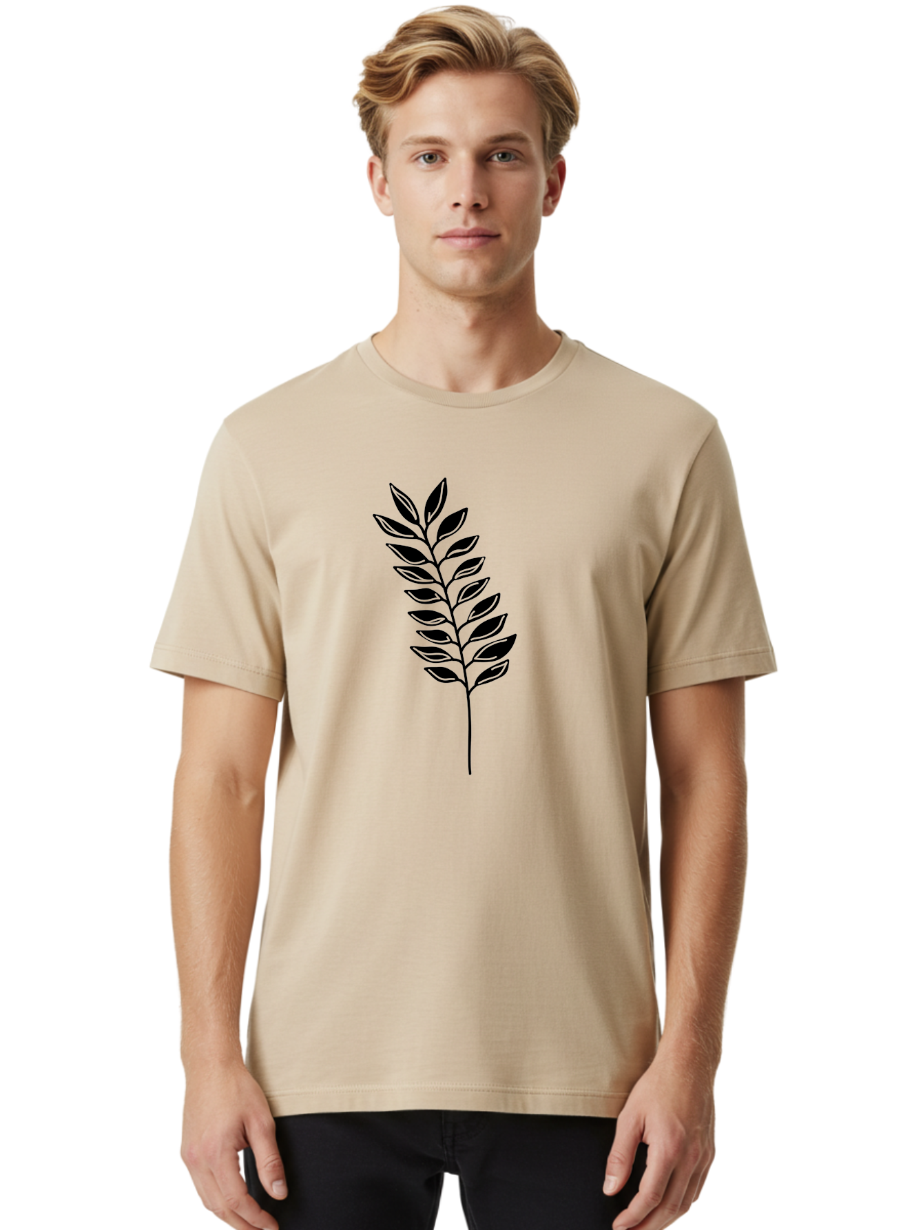 Leafy-Branch Men'S Graphic Tee, 100% Cotton, Comfortable Casual Summer Wear, Machine Washable, Simple Branch, Black Leaves, Leafy Stem, Minimalist Design, Nature-Inspired Art, Botanical Illustration, Eco-Friendly Theme Aac222