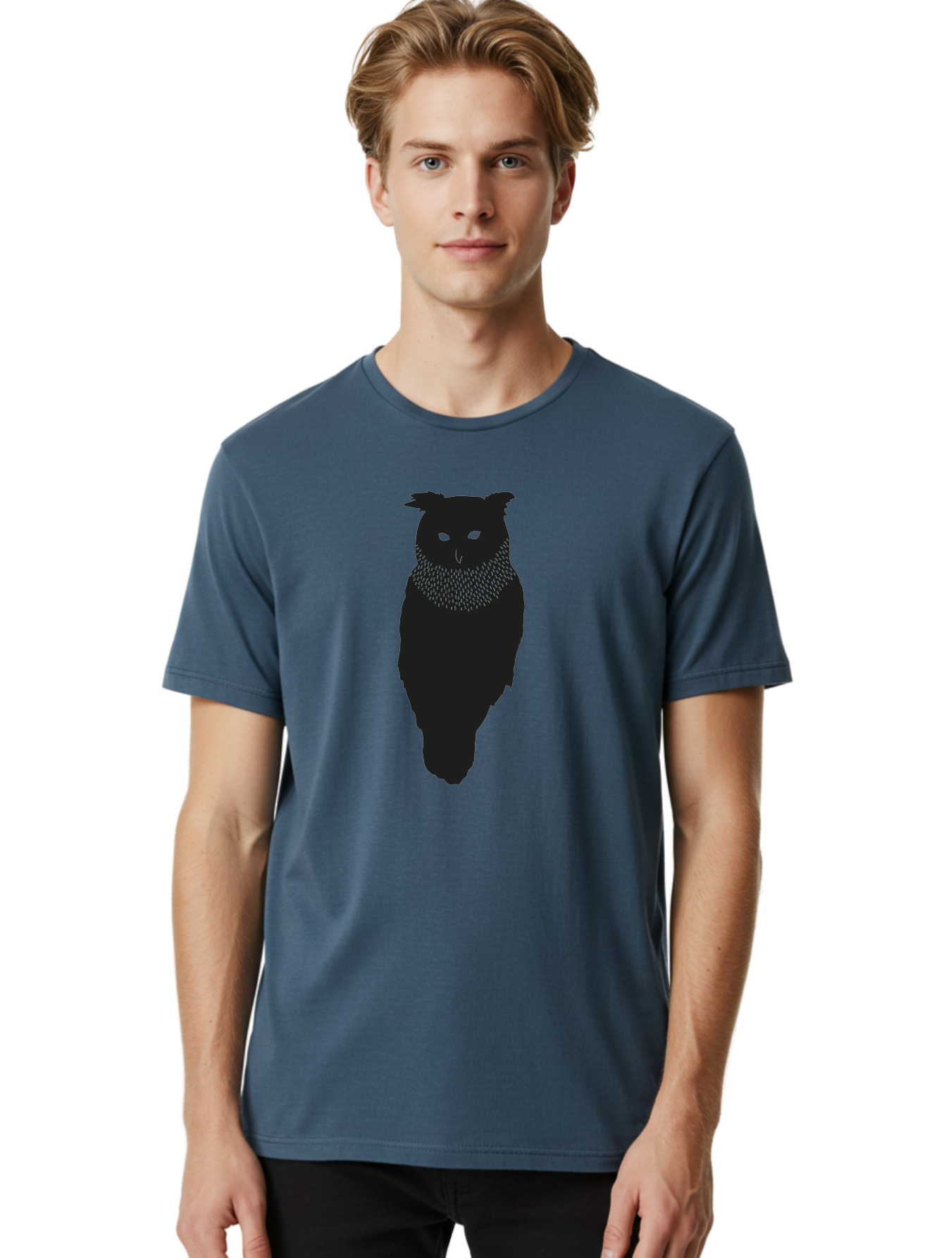 Owl-Silhouette Men'S Graphic Tee, 100% Cotton, Comfortable Casual Summer Wear, Machine Washable, Owl Silhouette, Black Owl, Glowing Eyes, Textured Feathers, Mysterious Animal, Nocturnal Bird, Wildlife Illustration, Symbolic Creature, Dark Art Aac224