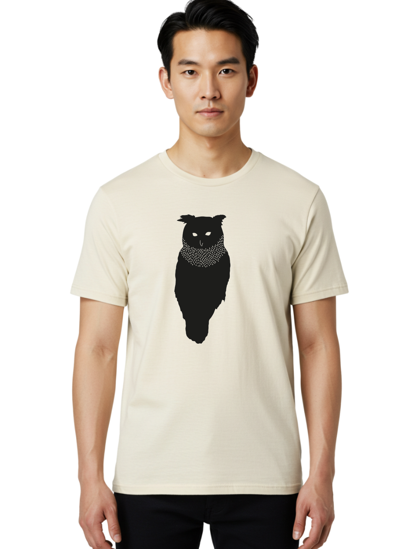 Owl-Silhouette Men'S Graphic Tee, 100% Cotton, Comfortable Casual Summer Wear, Machine Washable, Owl Silhouette, Black Owl, Glowing Eyes, Textured Feathers, Mysterious Animal, Nocturnal Bird, Wildlife Illustration, Symbolic Creature, Dark Art Aac224