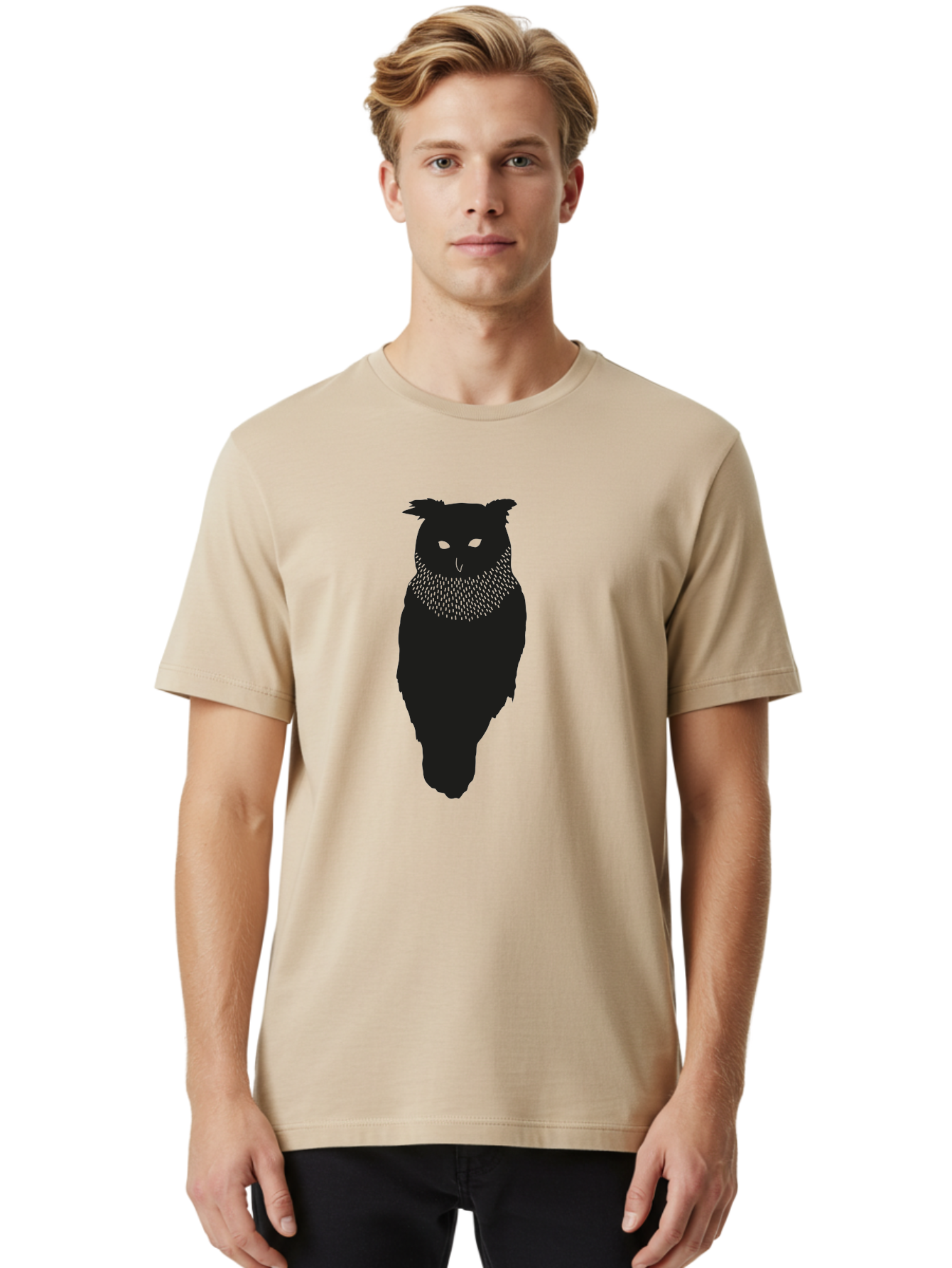 Owl-Silhouette Men'S Graphic Tee, 100% Cotton, Comfortable Casual Summer Wear, Machine Washable, Owl Silhouette, Black Owl, Glowing Eyes, Textured Feathers, Mysterious Animal, Nocturnal Bird, Wildlife Illustration, Symbolic Creature, Dark Art Aac224