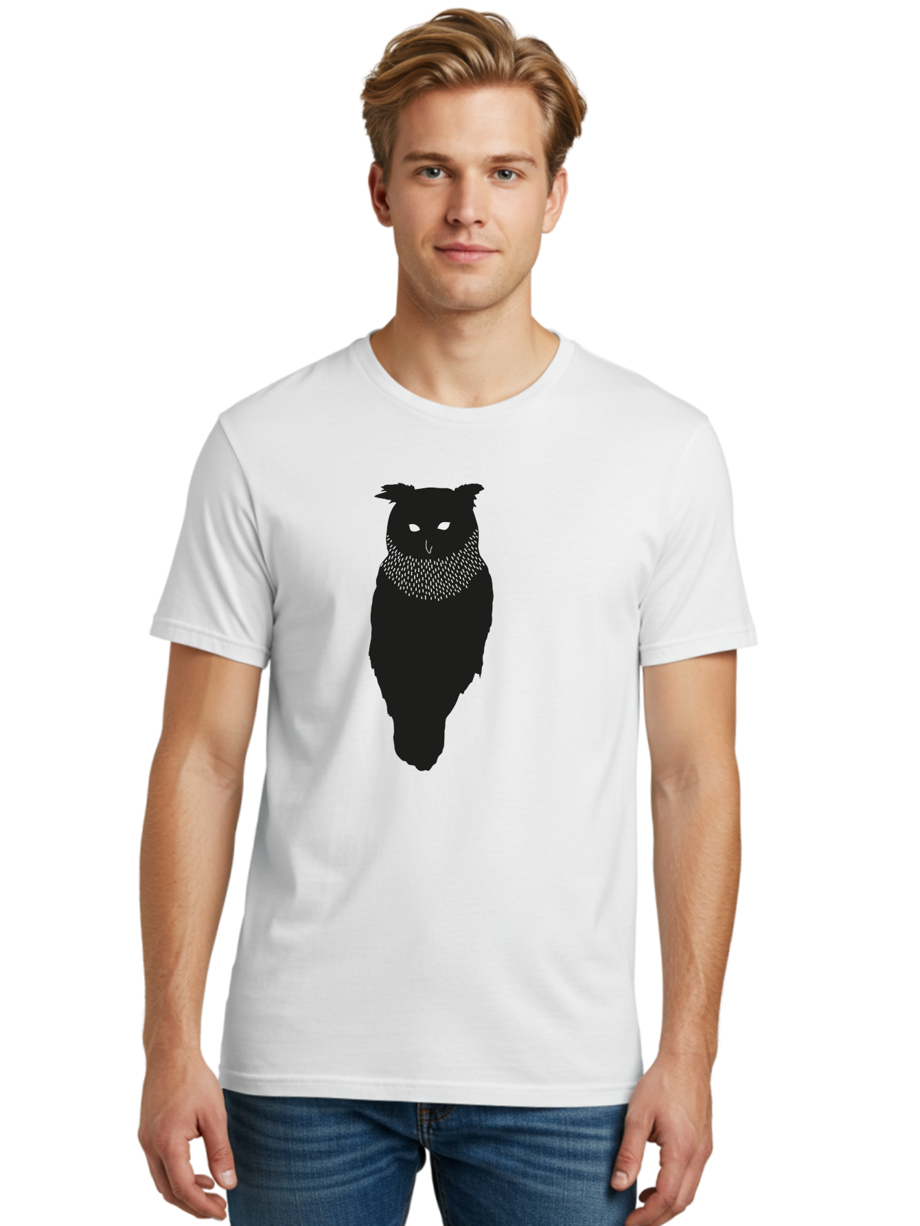Owl-Silhouette Men'S Graphic Tee, 100% Cotton, Comfortable Casual Summer Wear, Machine Washable, Owl Silhouette, Black Owl, Glowing Eyes, Textured Feathers, Mysterious Animal, Nocturnal Bird, Wildlife Illustration, Symbolic Creature, Dark Art Aac224