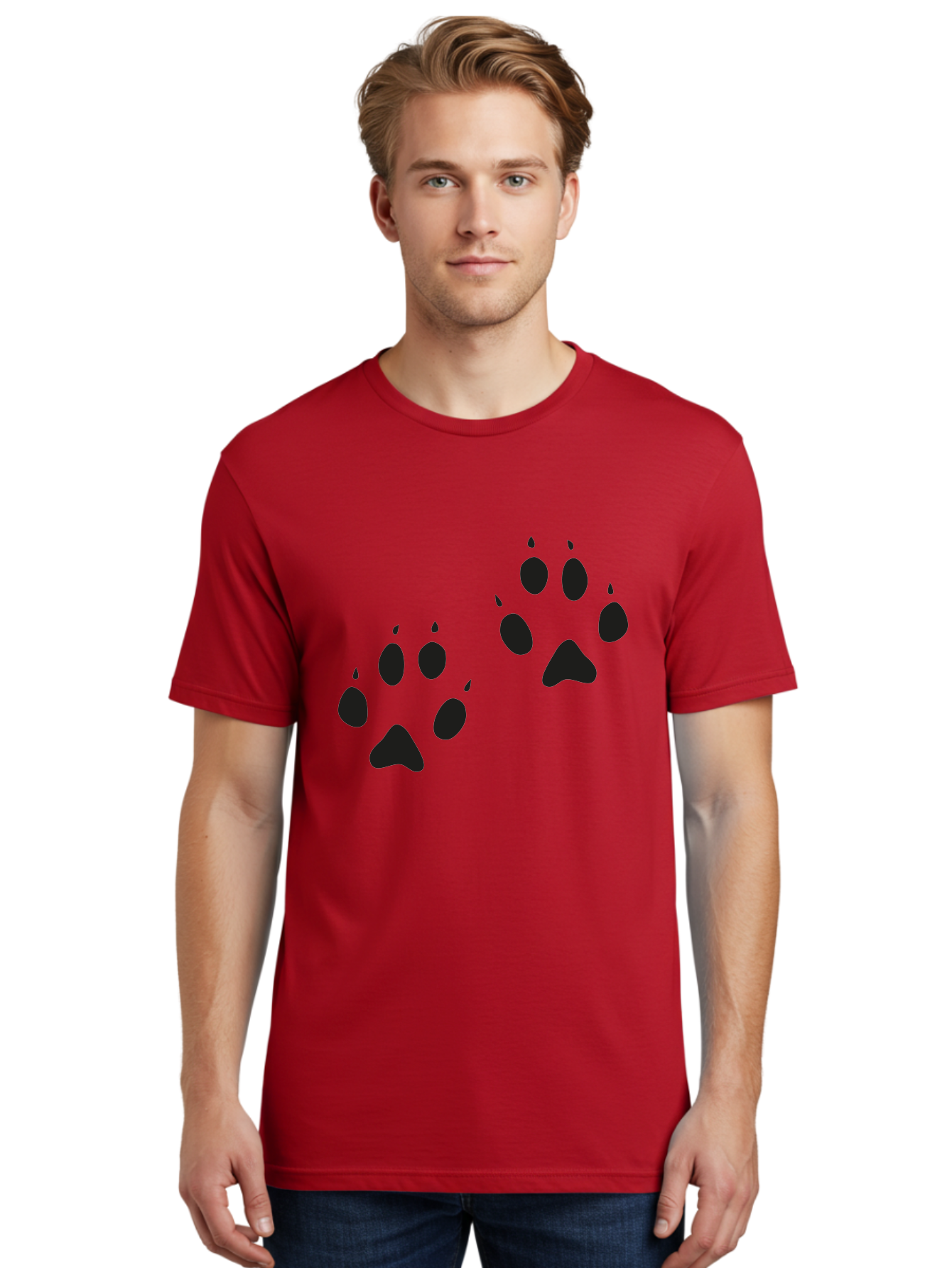 Paw-Prints Men'S Graphic Tee, 100% Cotton, Comfortable Casual Summer Wear, Machine Washable, Cat Paw Prints, Animal Tracks, Paw Print Design, Black Silhouettes, Simple Graphics, Vector Graphics, Pet Theme, Feline Footprints Aac225