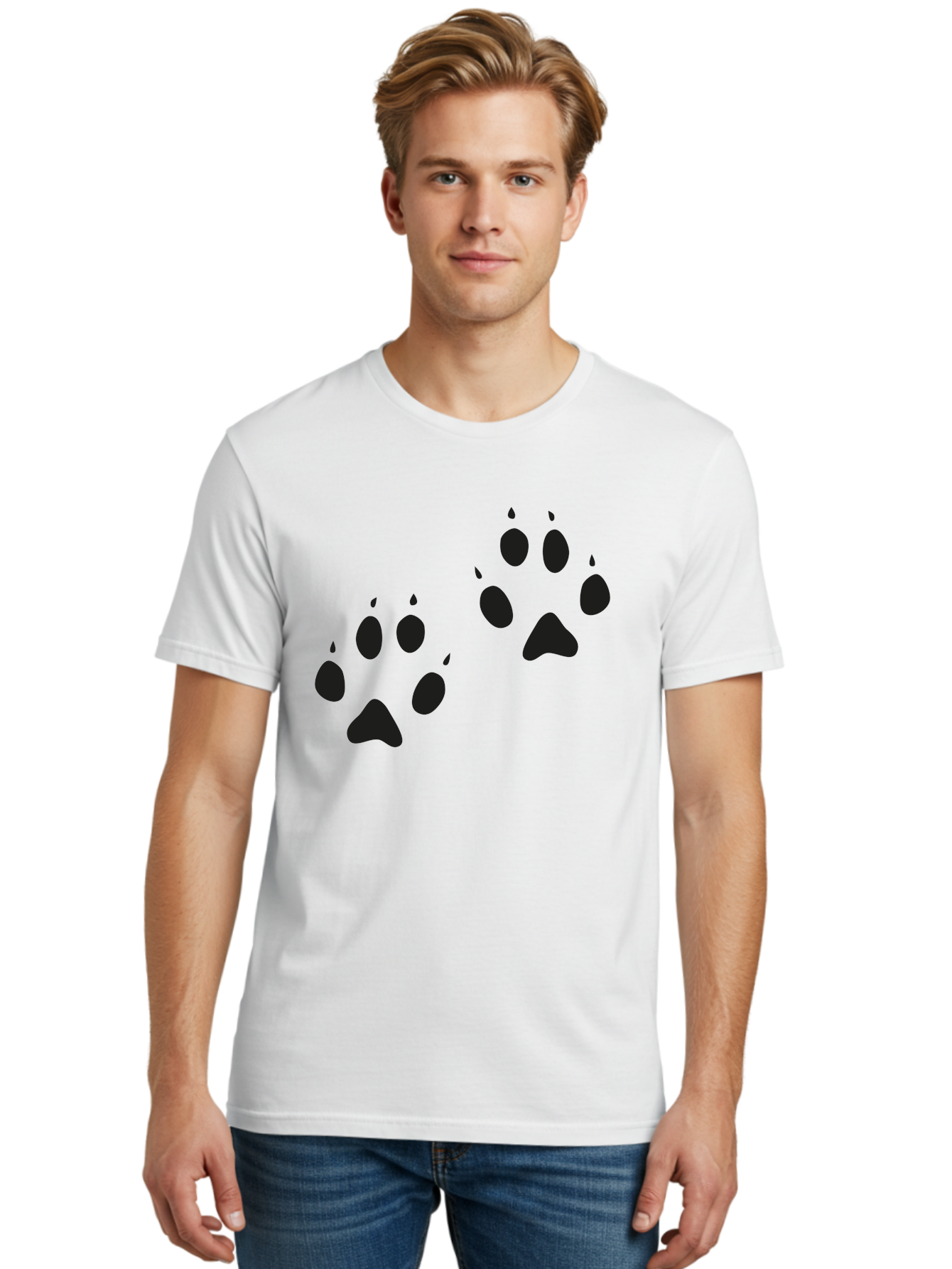 Paw-Prints Men'S Graphic Tee, 100% Cotton, Comfortable Casual Summer Wear, Machine Washable, Cat Paw Prints, Animal Tracks, Paw Print Design, Black Silhouettes, Simple Graphics, Vector Graphics, Pet Theme, Feline Footprints Aac225