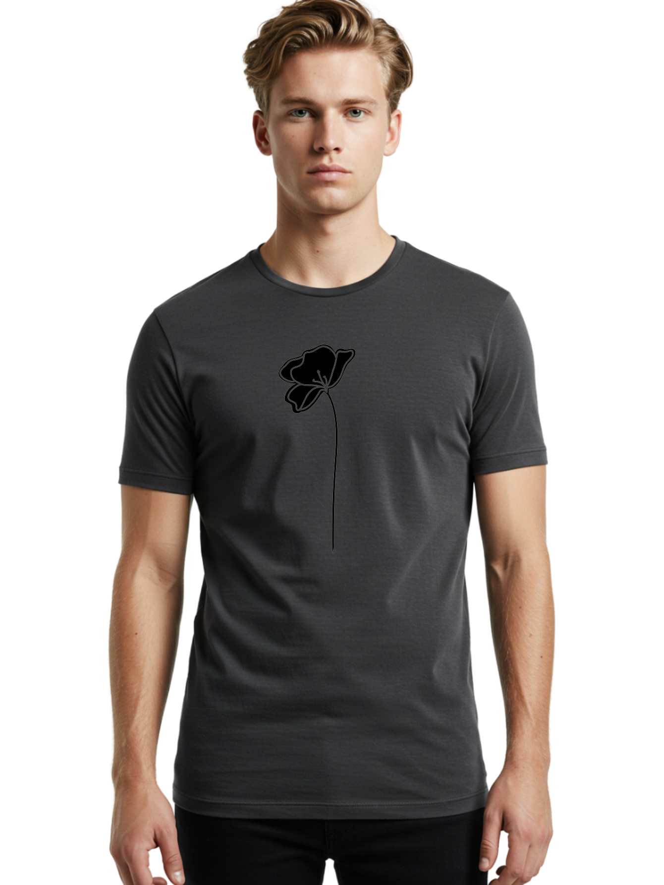 Poppy Men'S Graphic Tee, 100% Cotton, Comfortable Casual Summer Wear, Machine Washable, Silhouette Of A Flower, Simple Design, Minimalist Art, Outline Of A Bloom, Delicate Stem, Black And Green Color Scheme, Elegant Graphics Aac229