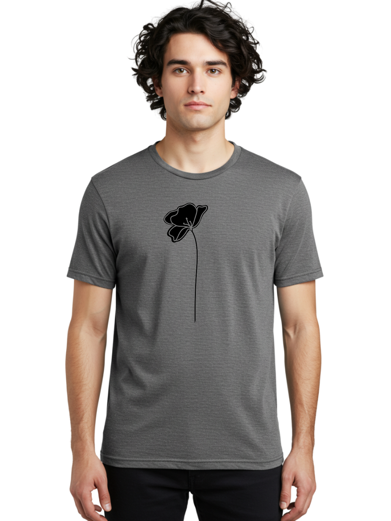 Poppy Men'S Graphic Tee, 100% Cotton, Comfortable Casual Summer Wear, Machine Washable, Silhouette Of A Flower, Simple Design, Minimalist Art, Outline Of A Bloom, Delicate Stem, Black And Green Color Scheme, Elegant Graphics Aac229