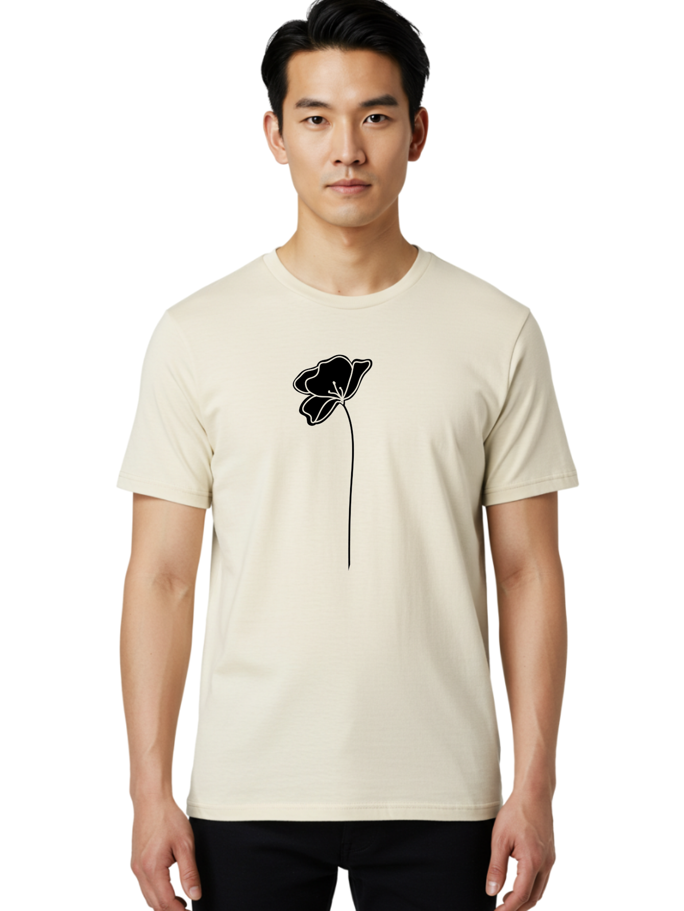 Poppy Men'S Graphic Tee, 100% Cotton, Comfortable Casual Summer Wear, Machine Washable, Silhouette Of A Flower, Simple Design, Minimalist Art, Outline Of A Bloom, Delicate Stem, Black And Green Color Scheme, Elegant Graphics Aac229