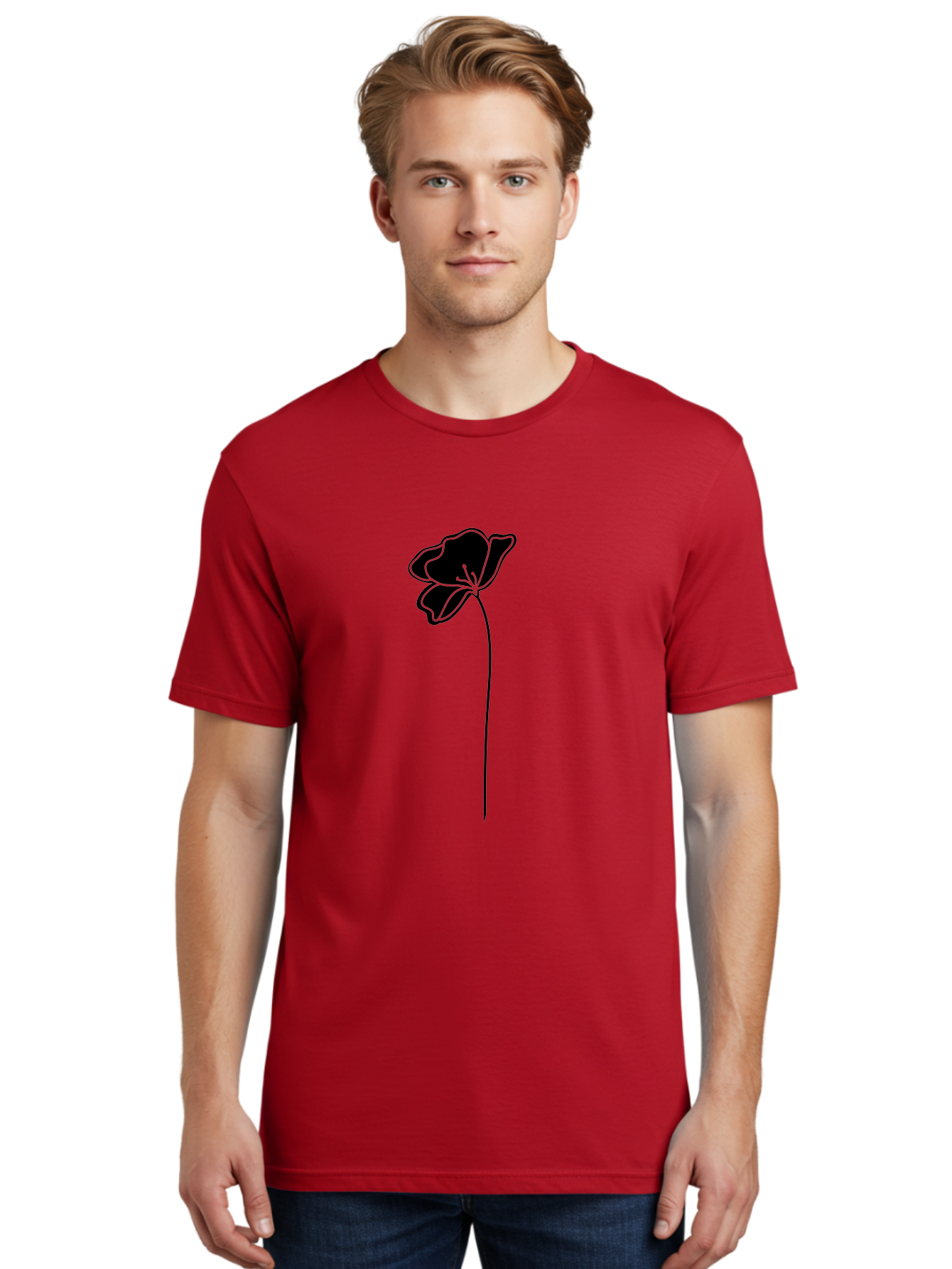 Poppy Men'S Graphic Tee, 100% Cotton, Comfortable Casual Summer Wear, Machine Washable, Silhouette Of A Flower, Simple Design, Minimalist Art, Outline Of A Bloom, Delicate Stem, Black And Green Color Scheme, Elegant Graphics Aac229