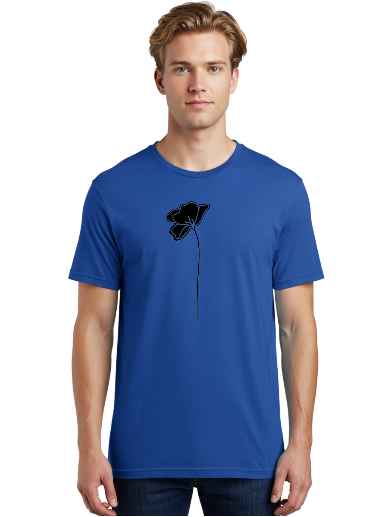 Poppy Men'S Graphic Tee, 100% Cotton, Comfortable Casual Summer Wear, Machine Washable, Silhouette Of A Flower, Simple Design, Minimalist Art, Outline Of A Bloom, Delicate Stem, Black And Green Color Scheme, Elegant Graphics Aac229