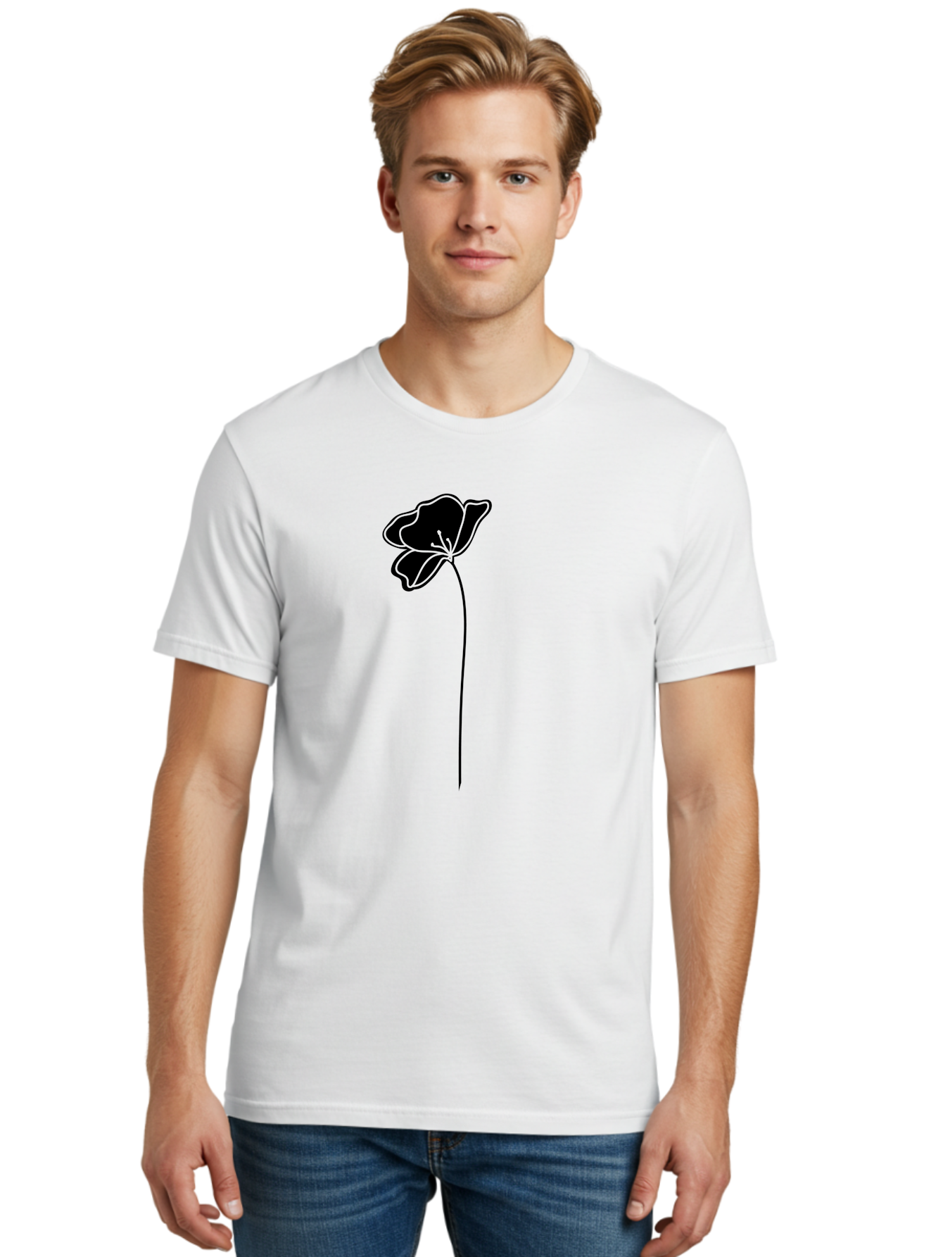 Poppy Men'S Graphic Tee, 100% Cotton, Comfortable Casual Summer Wear, Machine Washable, Silhouette Of A Flower, Simple Design, Minimalist Art, Outline Of A Bloom, Delicate Stem, Black And Green Color Scheme, Elegant Graphics Aac229