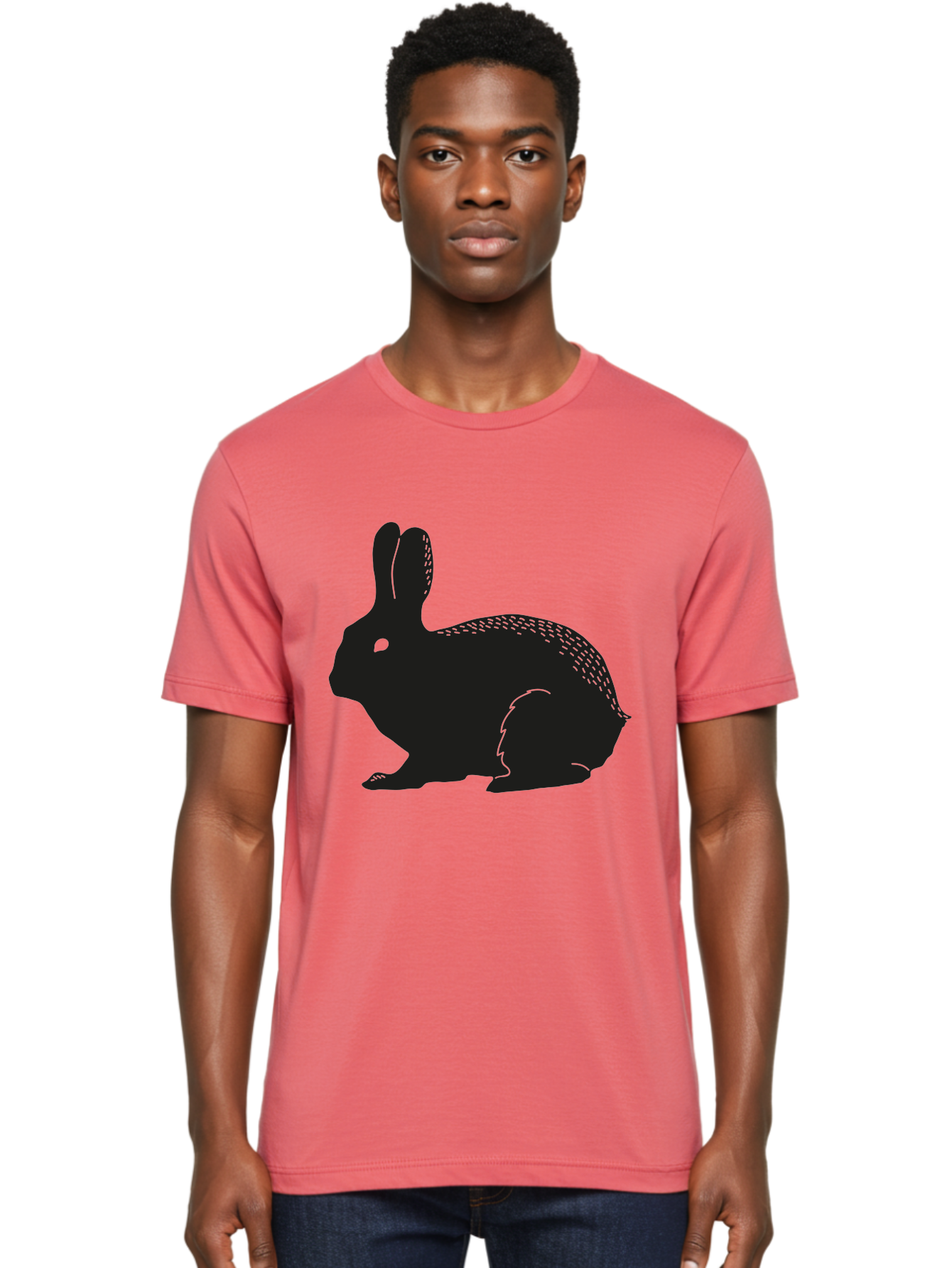 Rabbit-Silhouette Men'S Graphic Tee, 100% Cotton, Comfortable Casual Summer Wear, Machine Washable, Black Rabbit Silhouette, Rabbit Illustration, Cute Bunny, Animal Silhouette, Wildlife Art, Nature Design, Simple Graphics Aac230