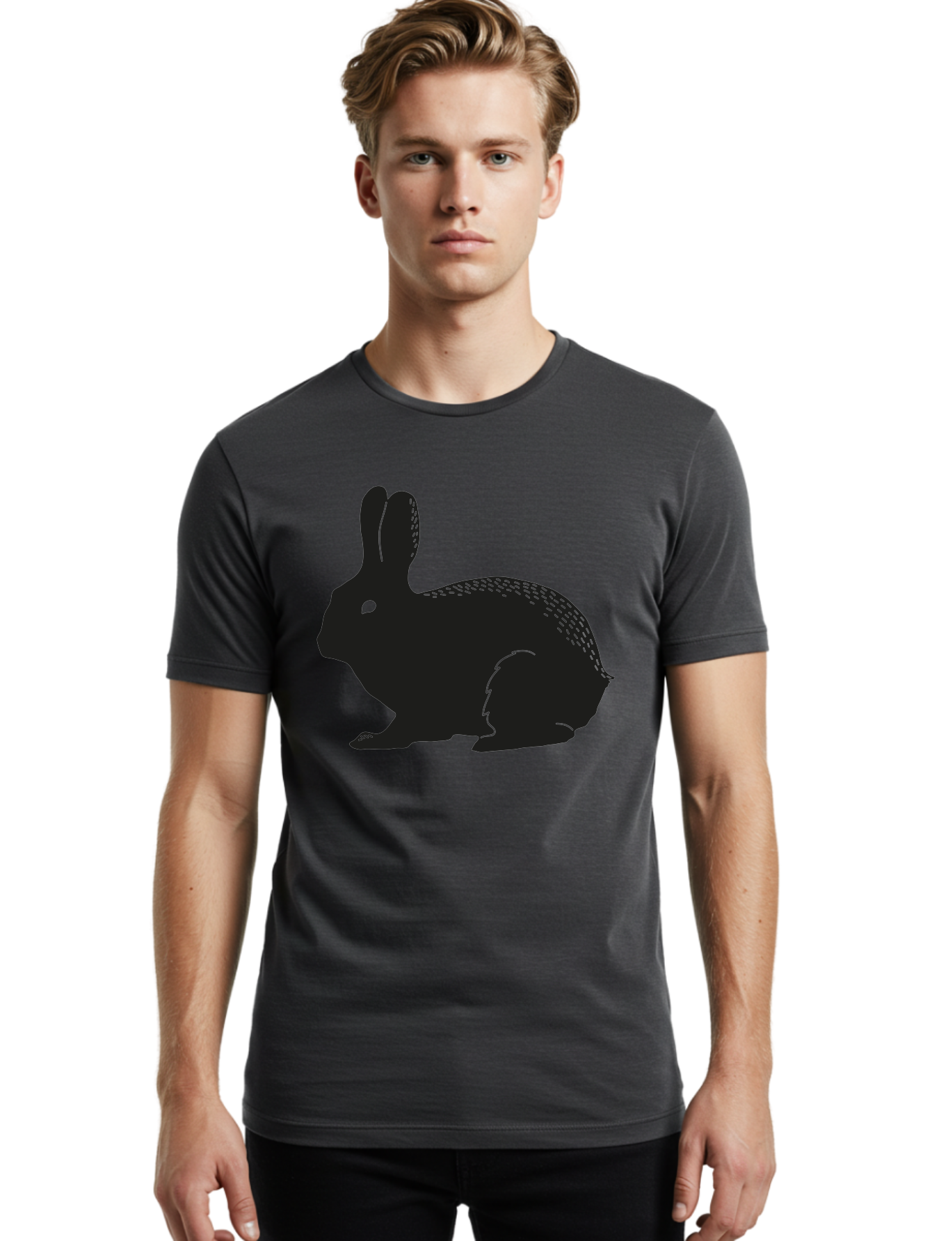 Rabbit-Silhouette Men'S Graphic Tee, 100% Cotton, Comfortable Casual Summer Wear, Machine Washable, Black Rabbit Silhouette, Rabbit Illustration, Cute Bunny, Animal Silhouette, Wildlife Art, Nature Design, Simple Graphics Aac230