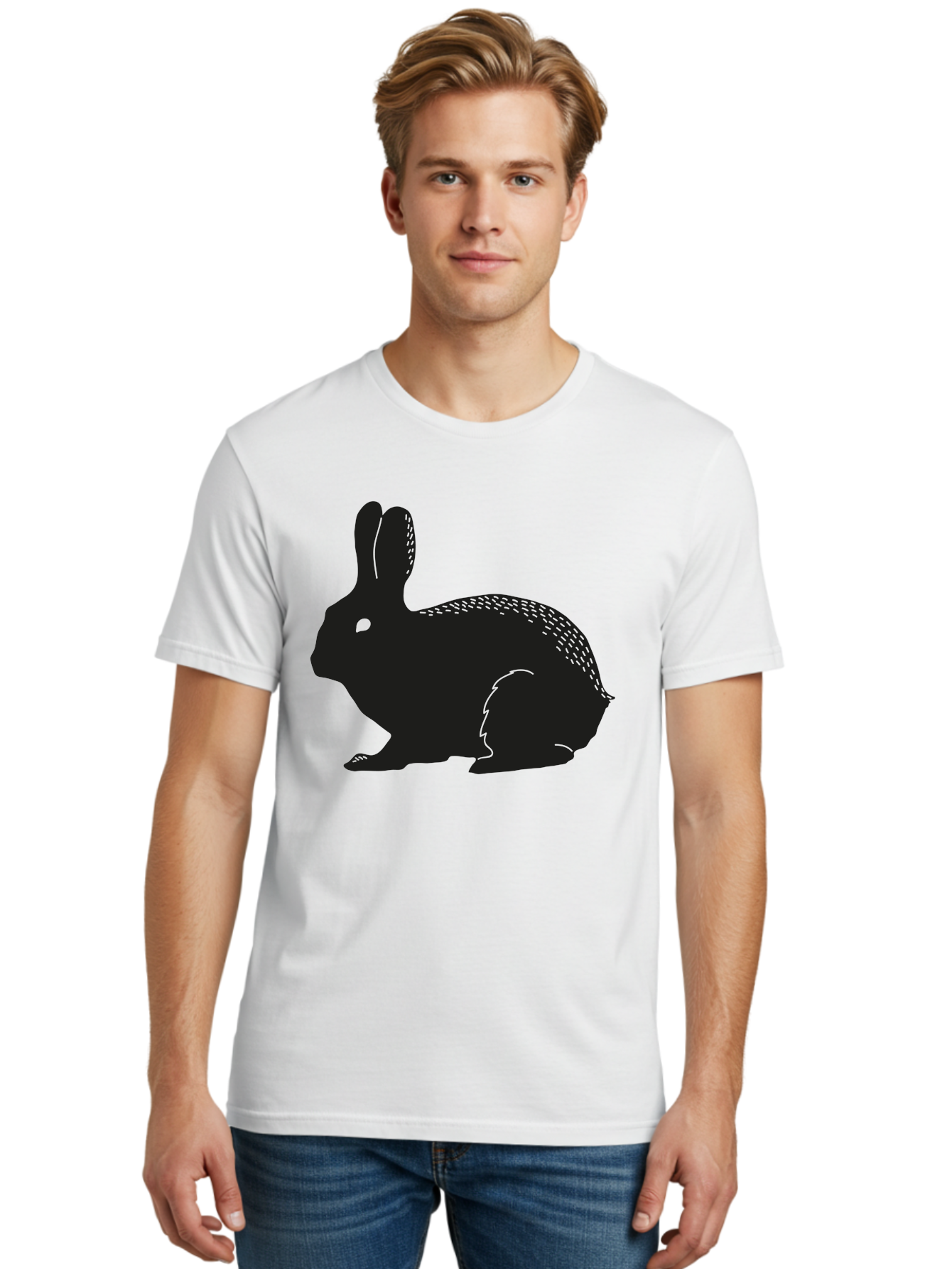 Rabbit-Silhouette Men'S Graphic Tee, 100% Cotton, Comfortable Casual Summer Wear, Machine Washable, Black Rabbit Silhouette, Rabbit Illustration, Cute Bunny, Animal Silhouette, Wildlife Art, Nature Design, Simple Graphics Aac230