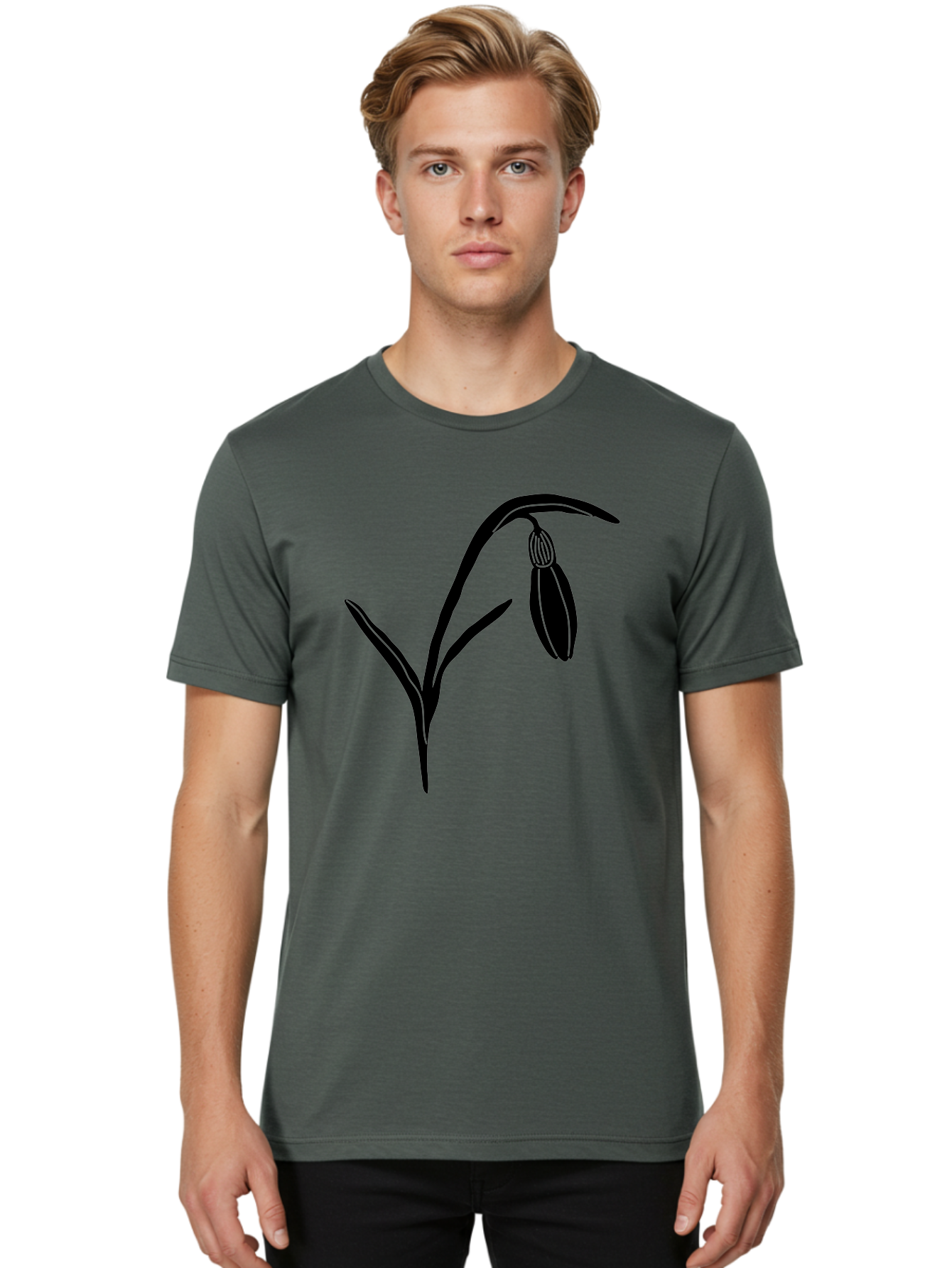 Snowdrop Men'S Graphic Tee, 100% Cotton, Comfortable Casual Summer Wear, Machine Washable, Snowdrop Flower, Minimalist Design, Simple Graphics, Black Silhouette, Floral Illustration, Spring Flowers, Botanical Art, Elegant Lines Aac238