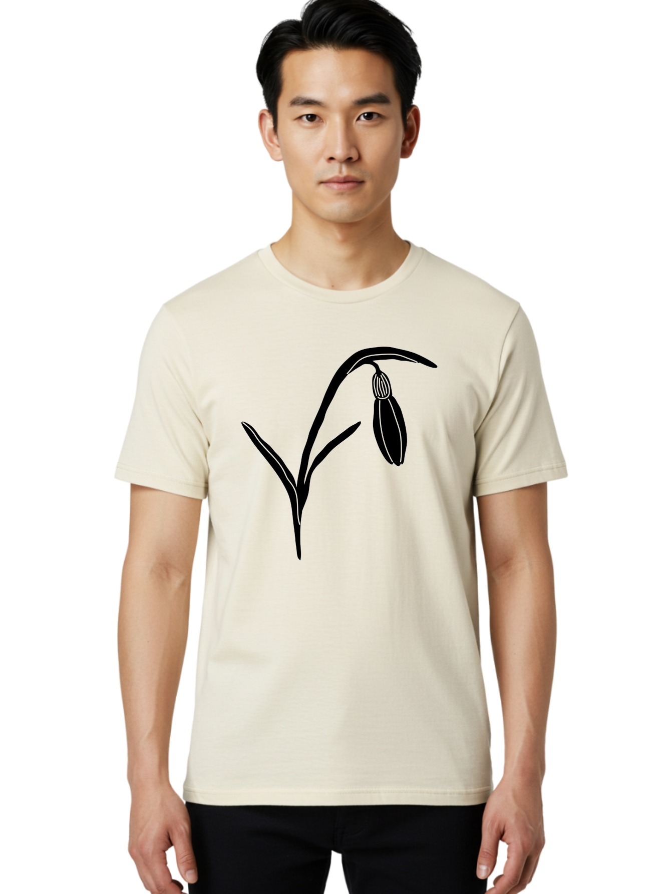 Snowdrop Men'S Graphic Tee, 100% Cotton, Comfortable Casual Summer Wear, Machine Washable, Snowdrop Flower, Minimalist Design, Simple Graphics, Black Silhouette, Floral Illustration, Spring Flowers, Botanical Art, Elegant Lines Aac238
