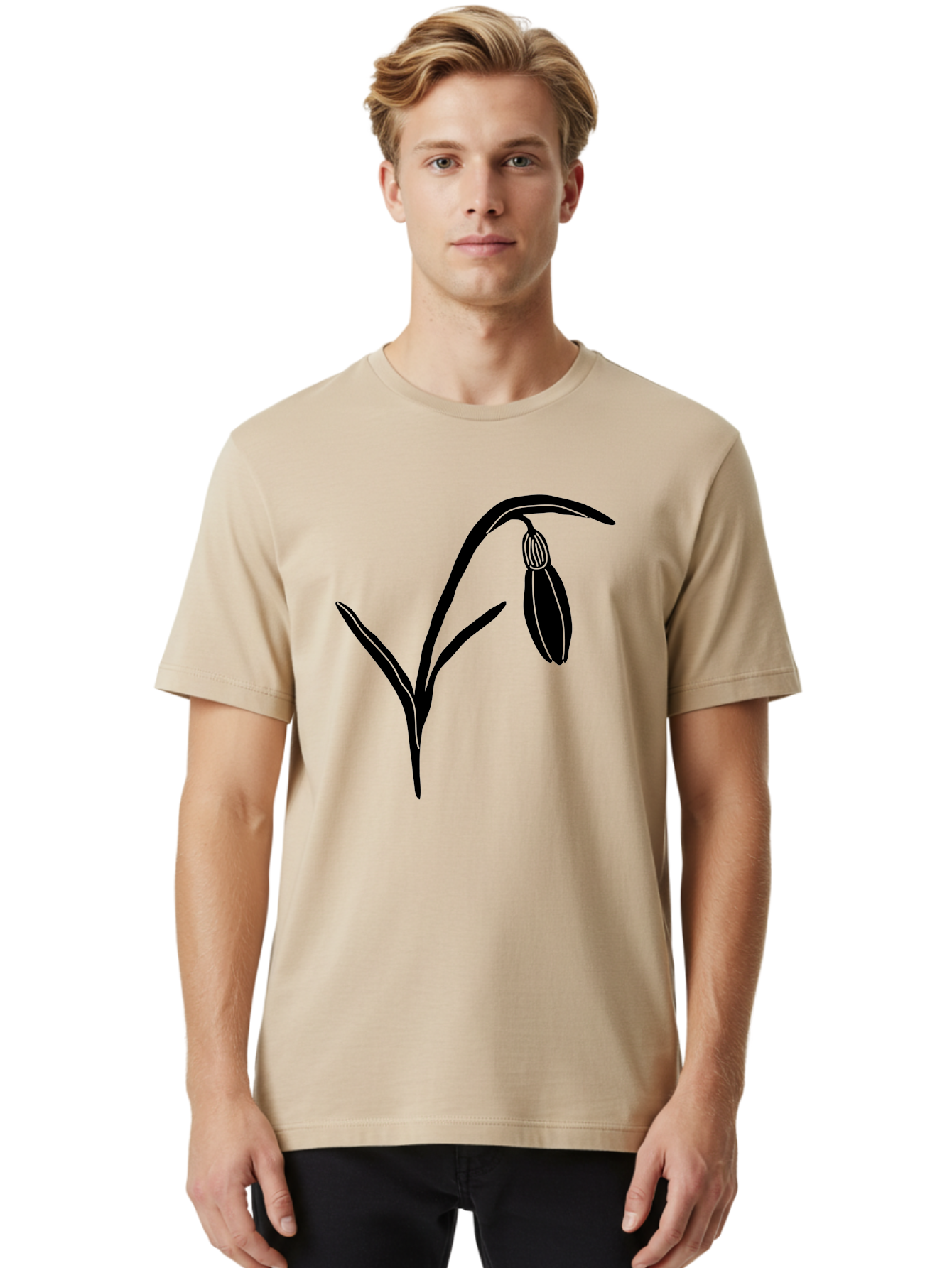Snowdrop Men'S Graphic Tee, 100% Cotton, Comfortable Casual Summer Wear, Machine Washable, Snowdrop Flower, Minimalist Design, Simple Graphics, Black Silhouette, Floral Illustration, Spring Flowers, Botanical Art, Elegant Lines Aac238