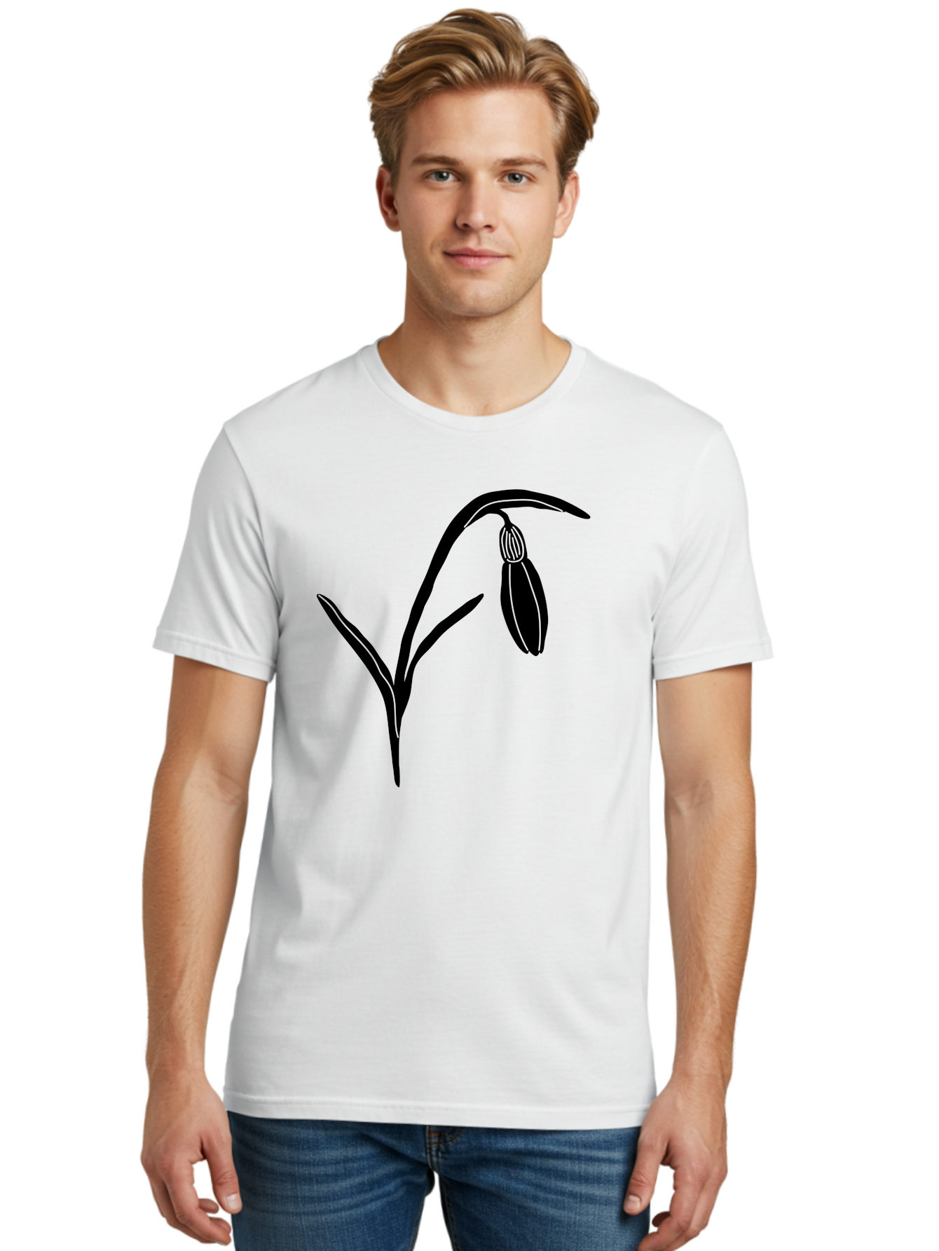 Snowdrop Men'S Graphic Tee, 100% Cotton, Comfortable Casual Summer Wear, Machine Washable, Snowdrop Flower, Minimalist Design, Simple Graphics, Black Silhouette, Floral Illustration, Spring Flowers, Botanical Art, Elegant Lines Aac238