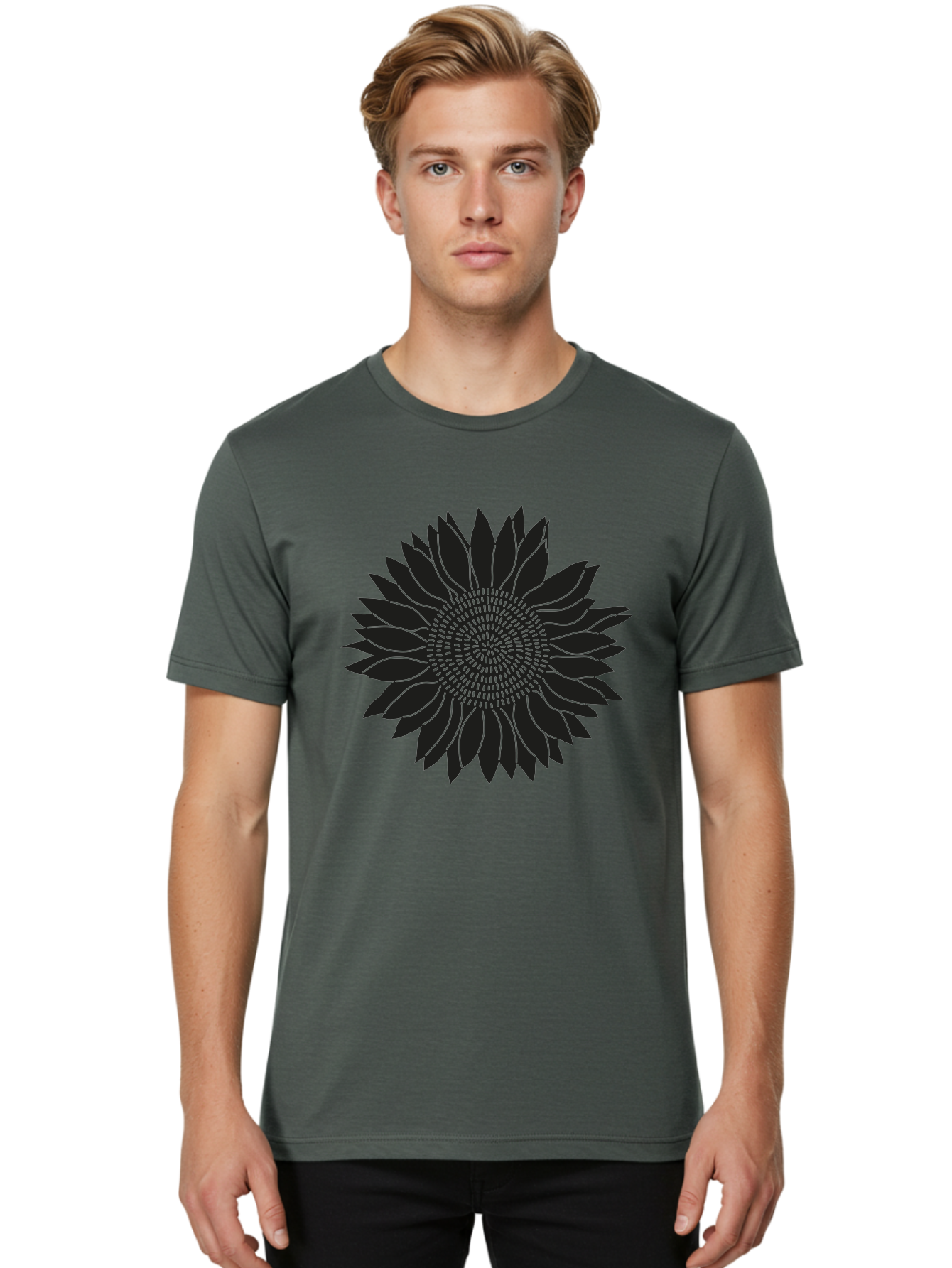 Sunflower-Silhouette Men'S Graphic Tee, 100% Cotton, Comfortable Casual Summer Wear, Machine Washable, Sunflower Graphic, Floral Design, Black And Green, Flower Silhouette, Neon Outline, Nature Inspired Art, Botanical Illustration Aac241