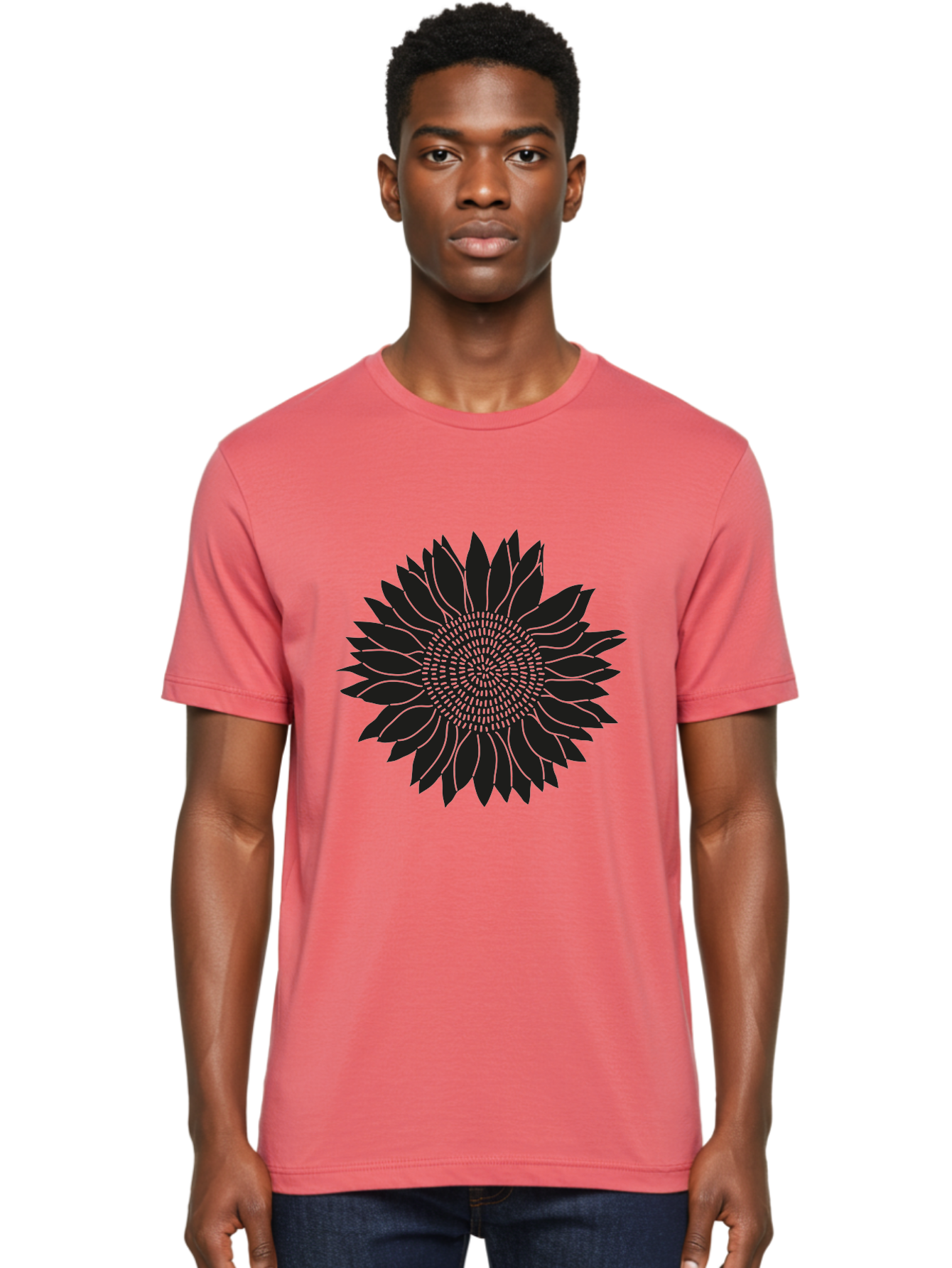 Sunflower-Silhouette Men'S Graphic Tee, 100% Cotton, Comfortable Casual Summer Wear, Machine Washable, Sunflower Graphic, Floral Design, Black And Green, Flower Silhouette, Neon Outline, Nature Inspired Art, Botanical Illustration Aac241