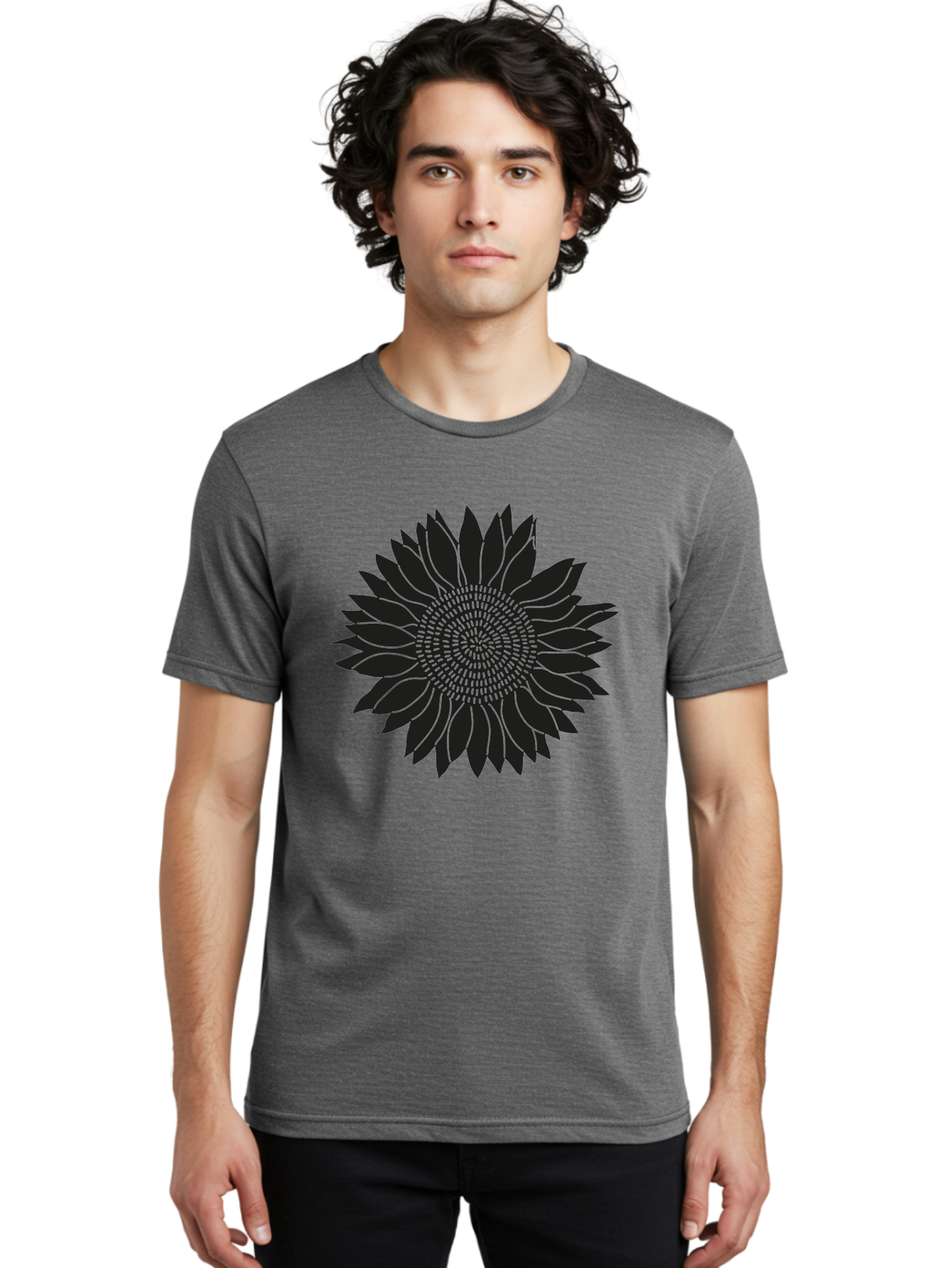 Sunflower-Silhouette Men'S Graphic Tee, 100% Cotton, Comfortable Casual Summer Wear, Machine Washable, Sunflower Graphic, Floral Design, Black And Green, Flower Silhouette, Neon Outline, Nature Inspired Art, Botanical Illustration Aac241