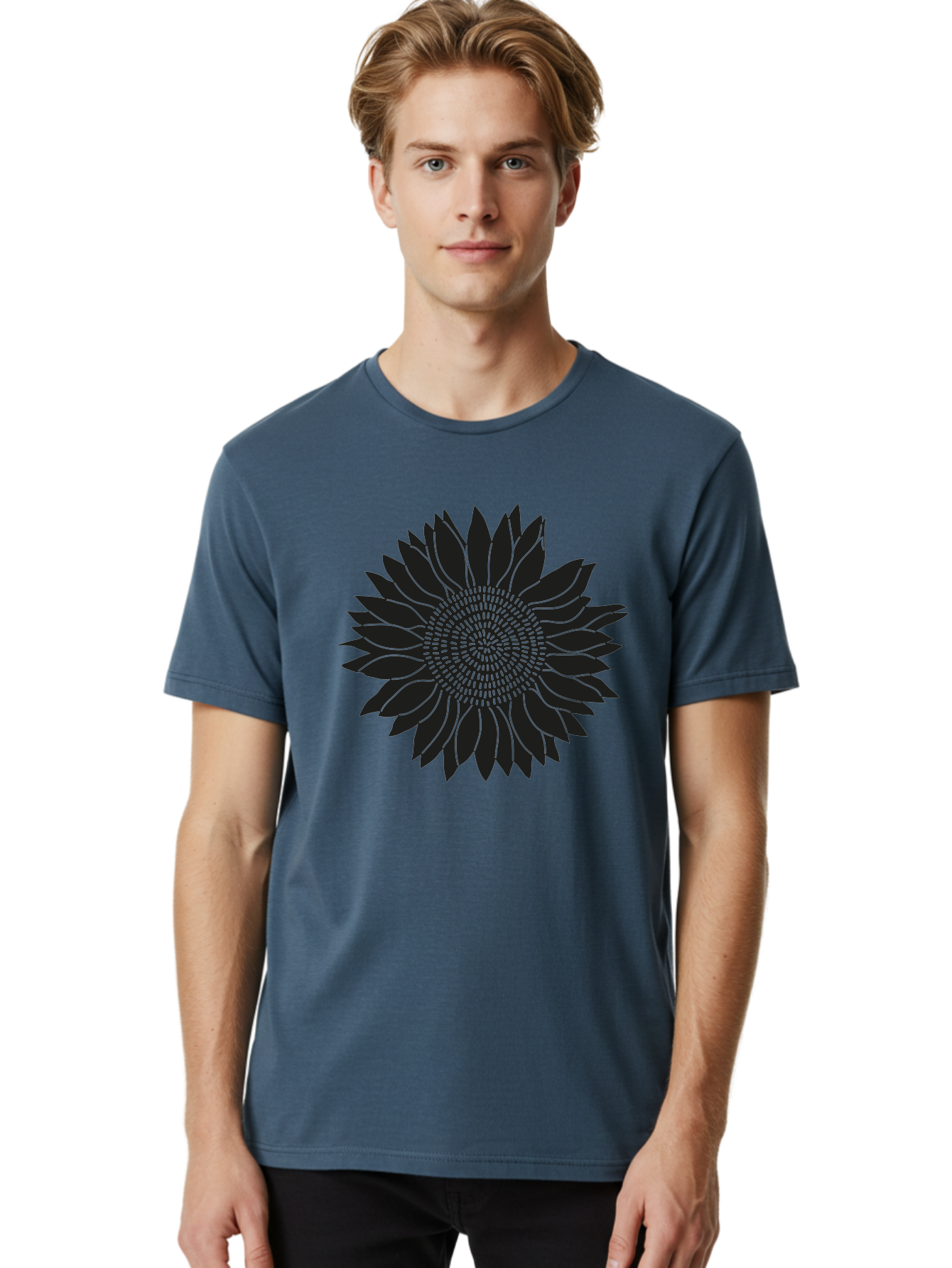 Sunflower-Silhouette Men'S Graphic Tee, 100% Cotton, Comfortable Casual Summer Wear, Machine Washable, Sunflower Graphic, Floral Design, Black And Green, Flower Silhouette, Neon Outline, Nature Inspired Art, Botanical Illustration Aac241