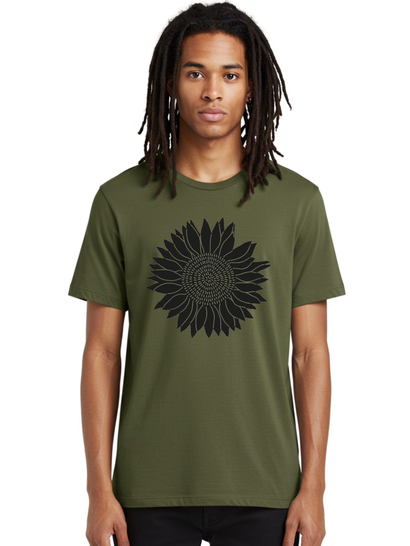 Sunflower-Silhouette Men'S Graphic Tee, 100% Cotton, Comfortable Casual Summer Wear, Machine Washable, Sunflower Graphic, Floral Design, Black And Green, Flower Silhouette, Neon Outline, Nature Inspired Art, Botanical Illustration Aac241