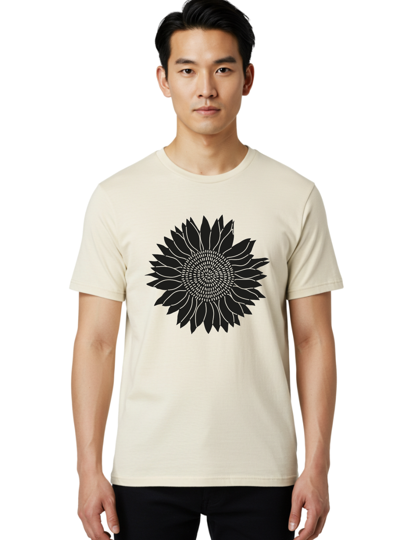 Sunflower-Silhouette Men'S Graphic Tee, 100% Cotton, Comfortable Casual Summer Wear, Machine Washable, Sunflower Graphic, Floral Design, Black And Green, Flower Silhouette, Neon Outline, Nature Inspired Art, Botanical Illustration Aac241