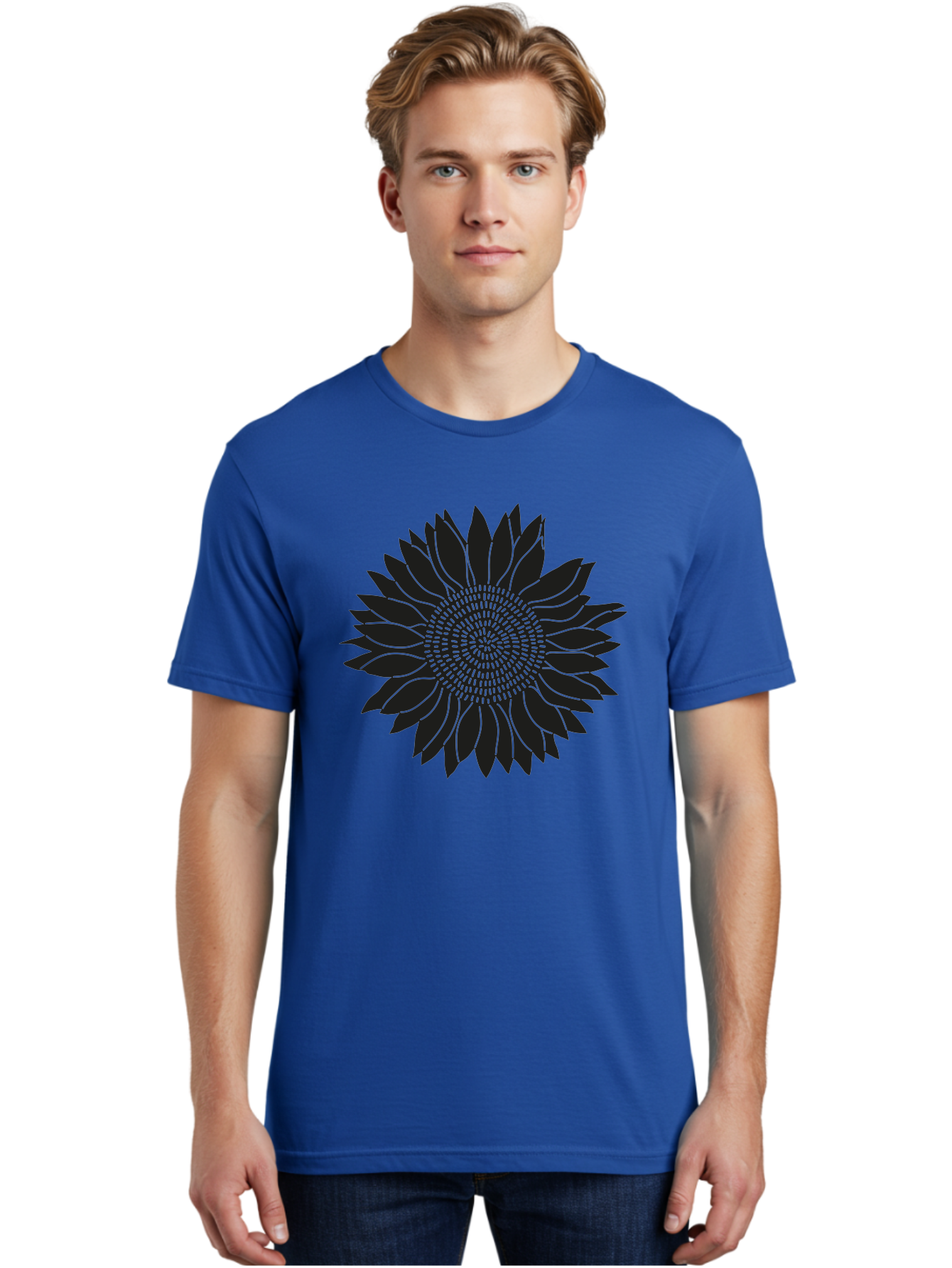Sunflower-Silhouette Men'S Graphic Tee, 100% Cotton, Comfortable Casual Summer Wear, Machine Washable, Sunflower Graphic, Floral Design, Black And Green, Flower Silhouette, Neon Outline, Nature Inspired Art, Botanical Illustration Aac241
