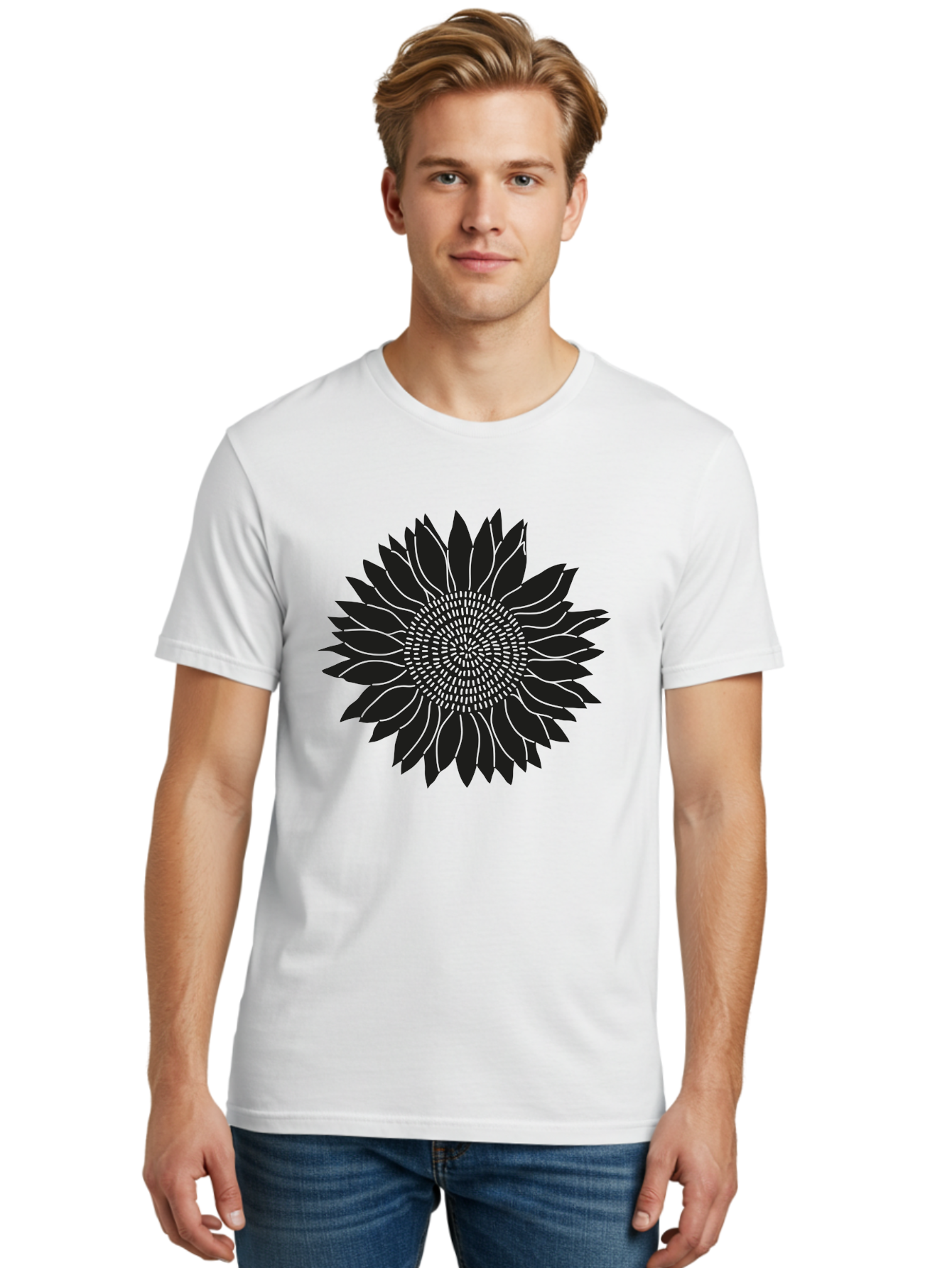 Sunflower-Silhouette Men'S Graphic Tee, 100% Cotton, Comfortable Casual Summer Wear, Machine Washable, Sunflower Graphic, Floral Design, Black And Green, Flower Silhouette, Neon Outline, Nature Inspired Art, Botanical Illustration Aac241