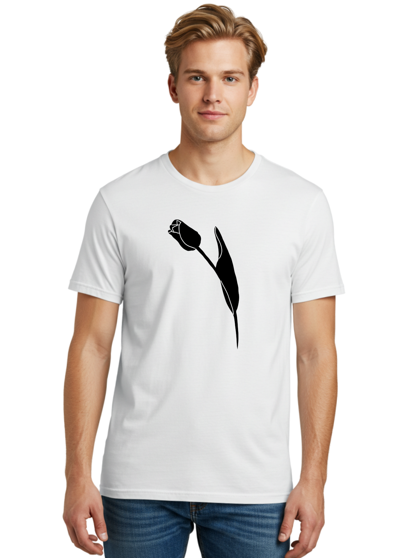 Tulip-Silhouette-1 Men'S Graphic Tee, 100% Cotton, Comfortable Casual Summer Wear, Machine Washable, Tulip Silhouette, Flower Graphic, Minimalist Design, Simple Shapes, Elegant Illustration, Floral Motif, Budding Flower Aac244
