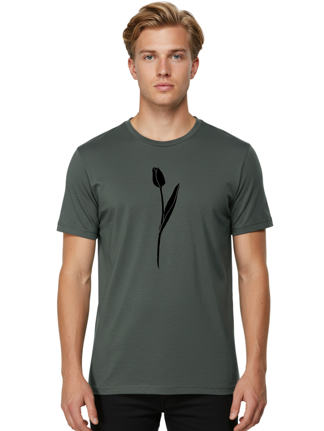 Tulip-Silhouette Men'S Graphic Tee, 100% Cotton, Comfortable Casual Summer Wear, Machine Washable, Tulip Silhouette, Dark Tulip, Minimalist Design, Simple Flower, Closed Bloom, Elegant Stem, Floral Graphic, Modern Art Aac245
