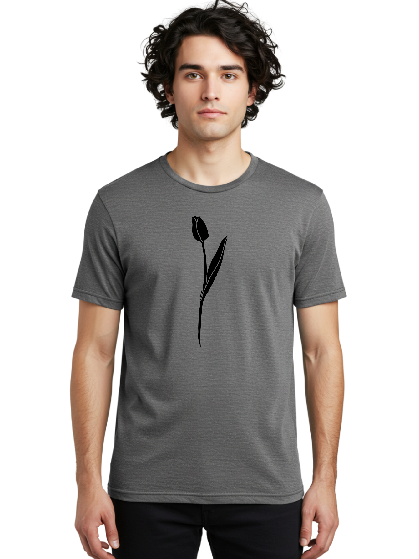 Tulip-Silhouette Men'S Graphic Tee, 100% Cotton, Comfortable Casual Summer Wear, Machine Washable, Tulip Silhouette, Dark Tulip, Minimalist Design, Simple Flower, Closed Bloom, Elegant Stem, Floral Graphic, Modern Art Aac245