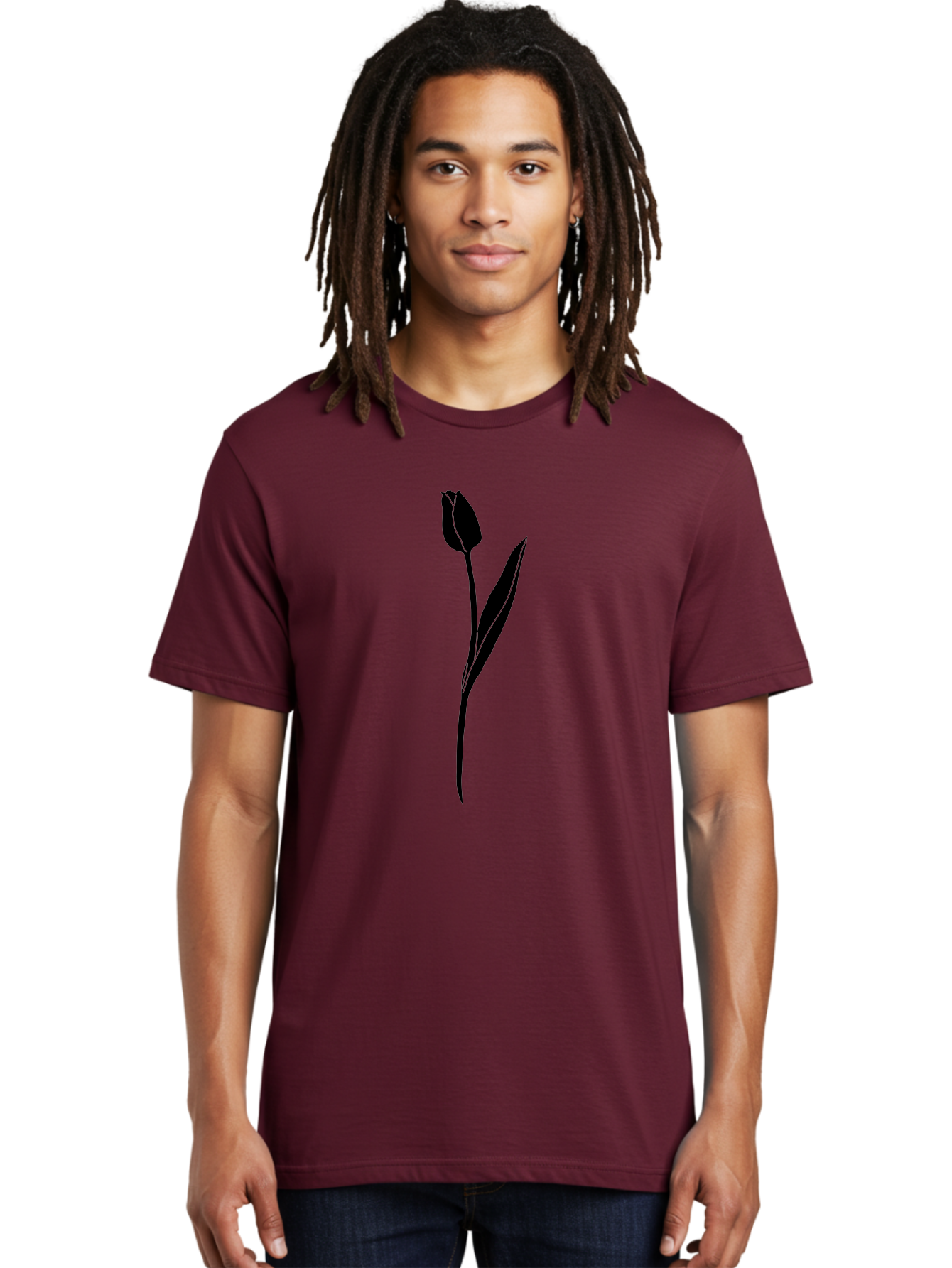 Tulip-Silhouette Men'S Graphic Tee, 100% Cotton, Comfortable Casual Summer Wear, Machine Washable, Tulip Silhouette, Dark Tulip, Minimalist Design, Simple Flower, Closed Bloom, Elegant Stem, Floral Graphic, Modern Art Aac245