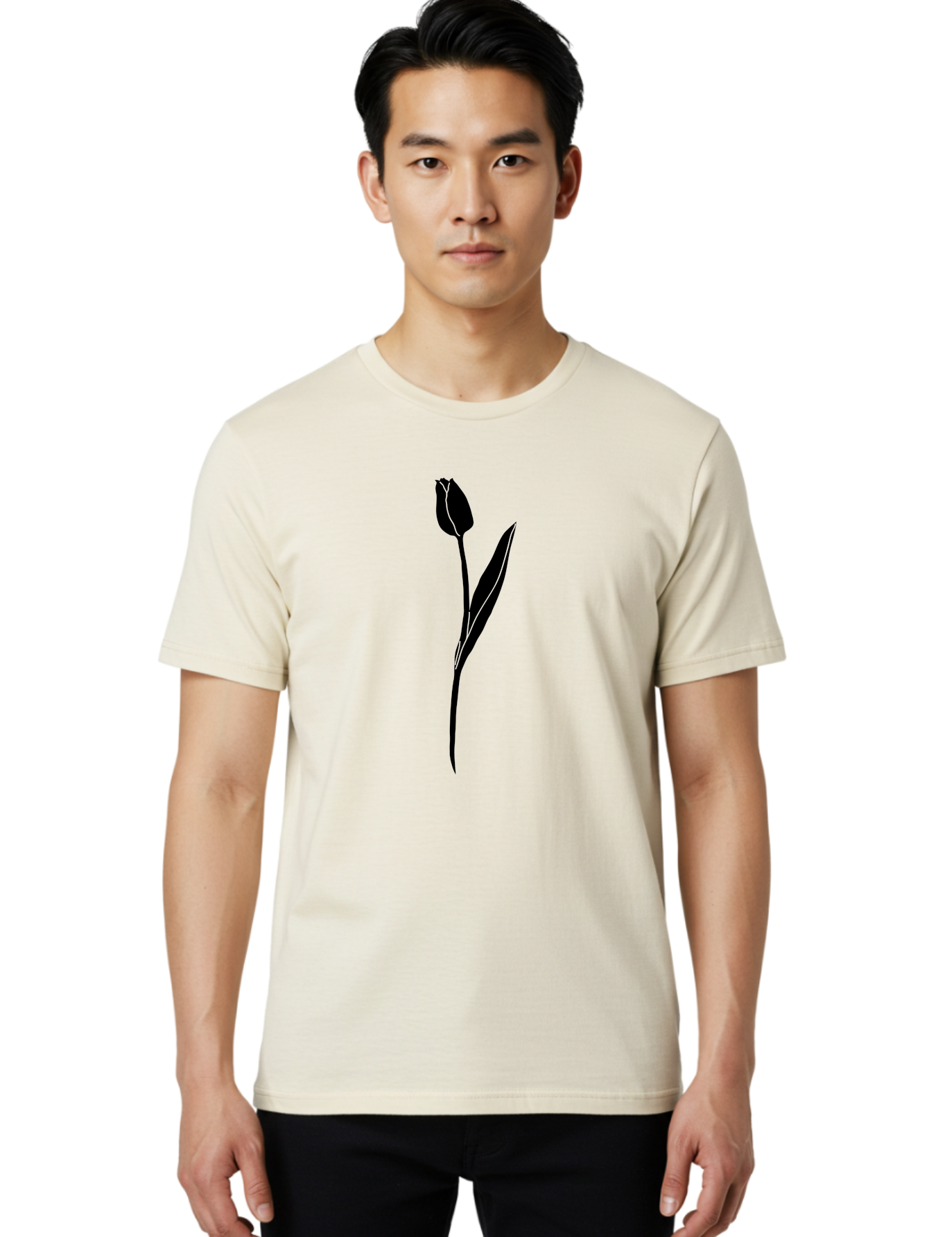 Tulip-Silhouette Men'S Graphic Tee, 100% Cotton, Comfortable Casual Summer Wear, Machine Washable, Tulip Silhouette, Dark Tulip, Minimalist Design, Simple Flower, Closed Bloom, Elegant Stem, Floral Graphic, Modern Art Aac245