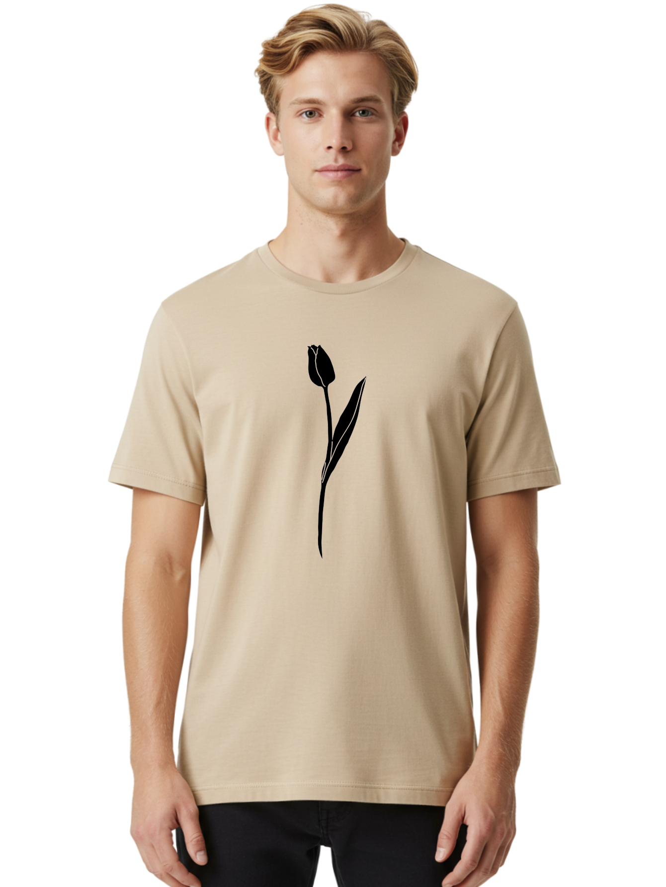 Tulip-Silhouette Men'S Graphic Tee, 100% Cotton, Comfortable Casual Summer Wear, Machine Washable, Tulip Silhouette, Dark Tulip, Minimalist Design, Simple Flower, Closed Bloom, Elegant Stem, Floral Graphic, Modern Art Aac245