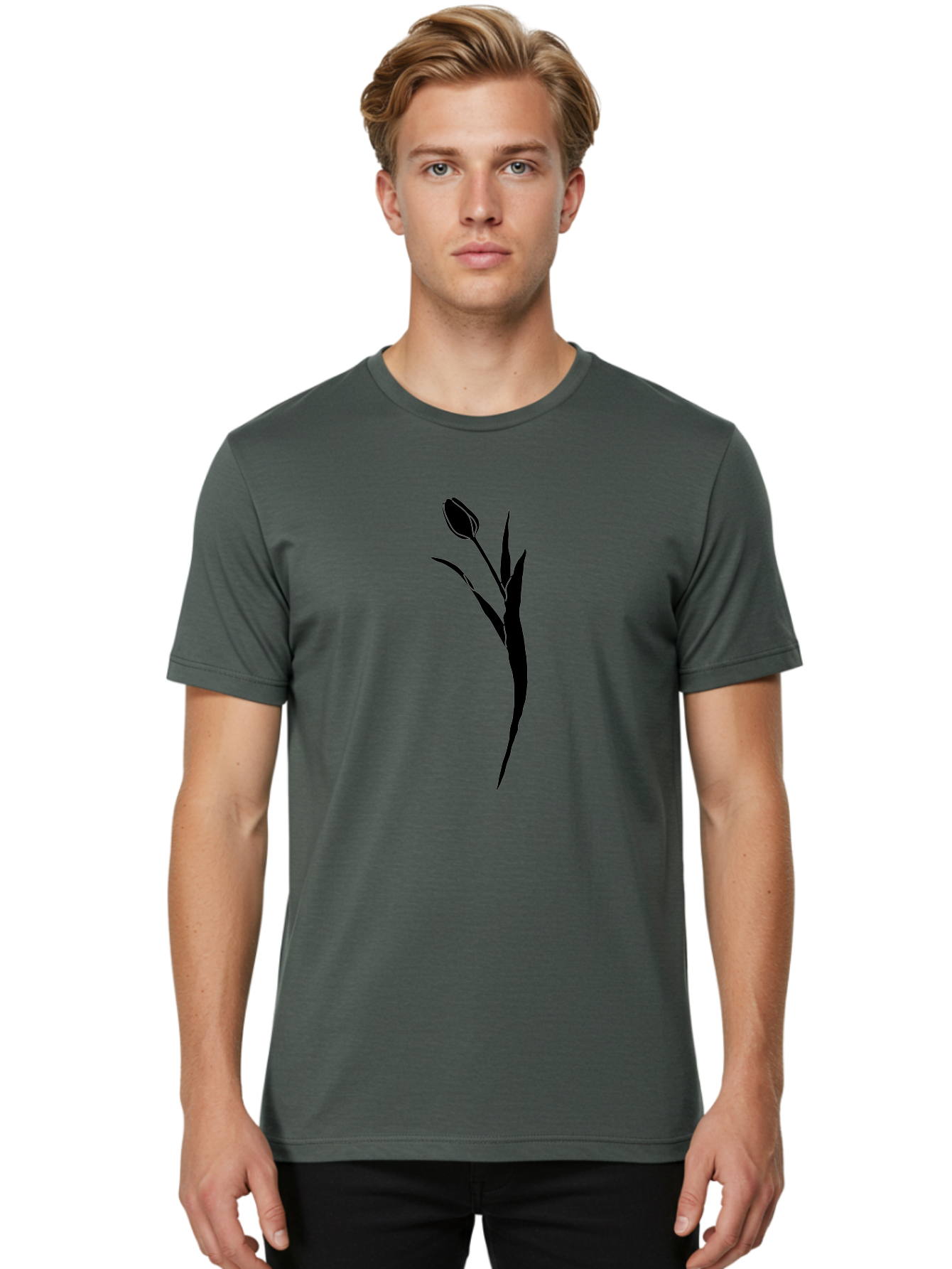Tulip Men'S Graphic Tee, 100% Cotton, Comfortable Casual Summer Wear, Machine Washable, Tulip Silhouette, Black Flower, Minimalist Design, Simple Graphics, Floral Motif, Elegant Shape, Closed Bloom, Botanical Illustration Aac246