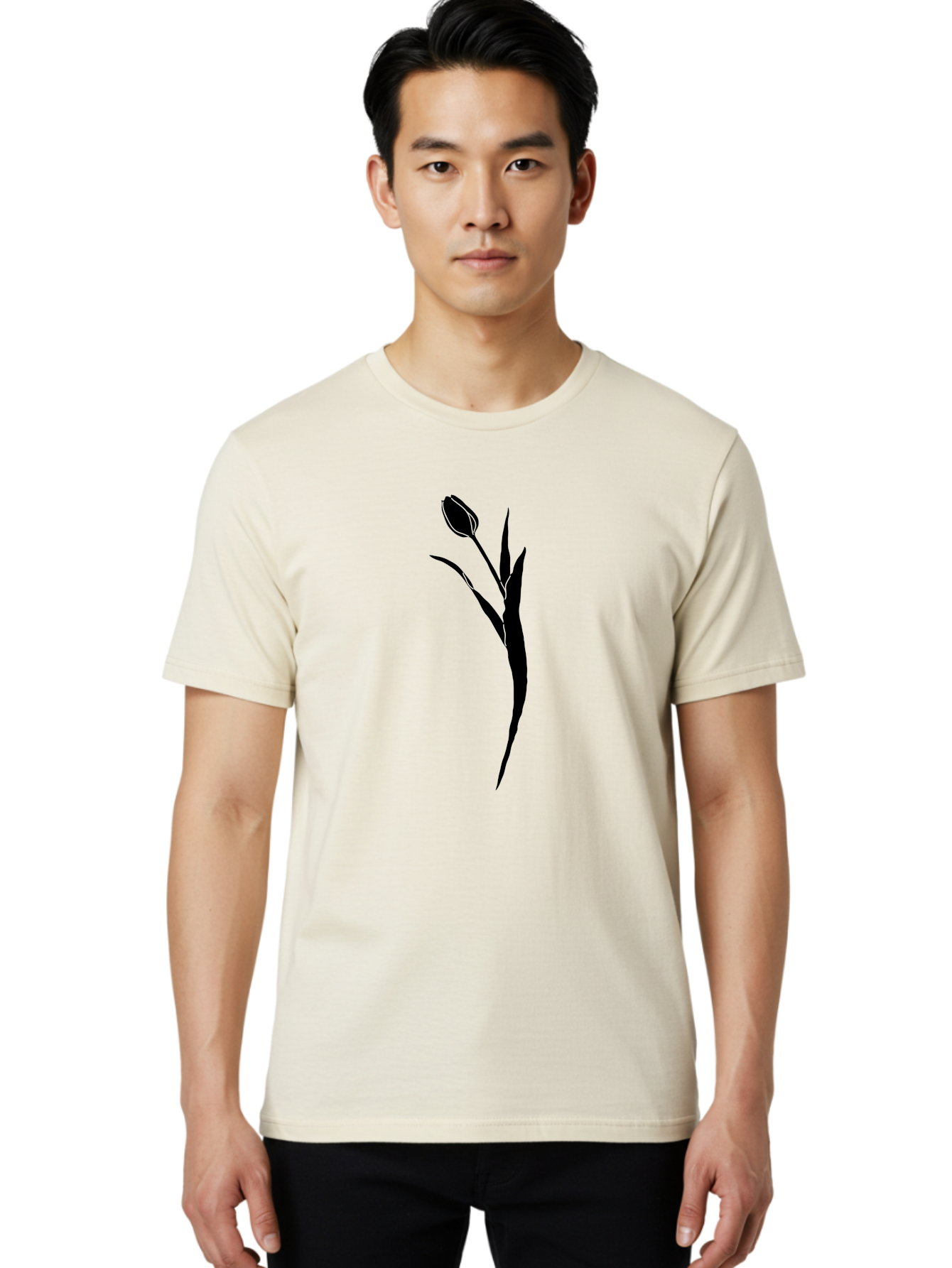Tulip Men'S Graphic Tee, 100% Cotton, Comfortable Casual Summer Wear, Machine Washable, Tulip Silhouette, Black Flower, Minimalist Design, Simple Graphics, Floral Motif, Elegant Shape, Closed Bloom, Botanical Illustration Aac246