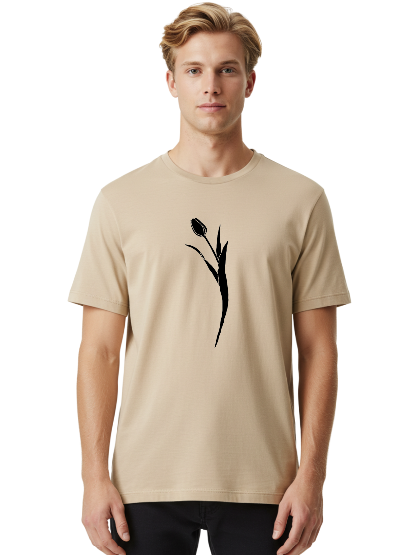 Tulip Men'S Graphic Tee, 100% Cotton, Comfortable Casual Summer Wear, Machine Washable, Tulip Silhouette, Black Flower, Minimalist Design, Simple Graphics, Floral Motif, Elegant Shape, Closed Bloom, Botanical Illustration Aac246