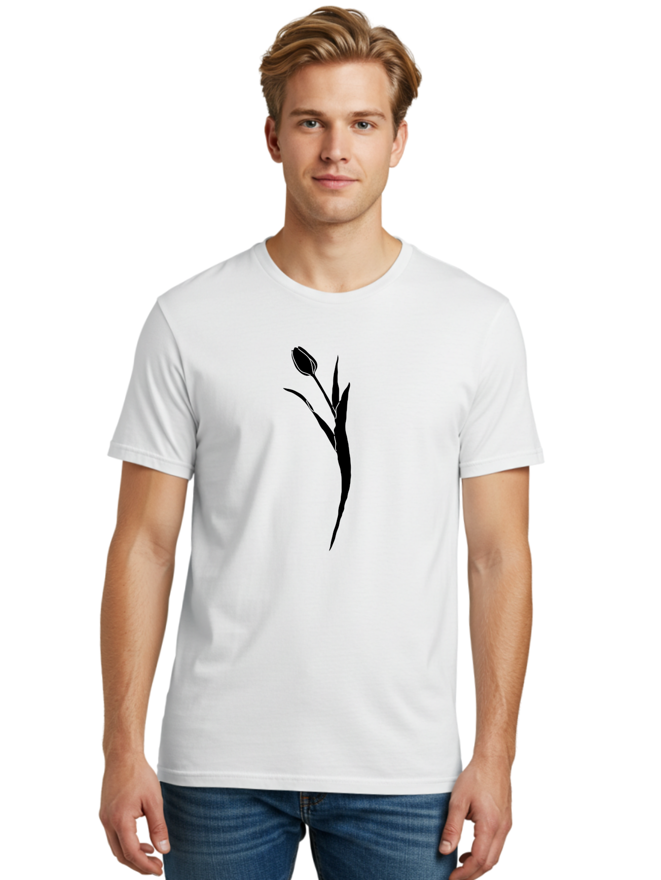 Tulip Men'S Graphic Tee, 100% Cotton, Comfortable Casual Summer Wear, Machine Washable, Tulip Silhouette, Black Flower, Minimalist Design, Simple Graphics, Floral Motif, Elegant Shape, Closed Bloom, Botanical Illustration Aac246