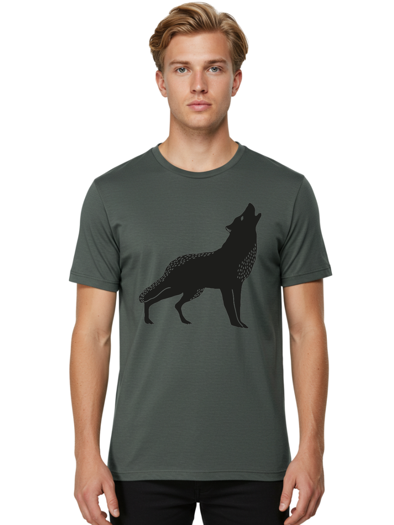 Wolf-Silhouette Men'S Graphic Tee, 100% Cotton, Comfortable Casual Summer Wear, Machine Washable, Wolf Silhouette, Howling At The Moon, Wildlife Art, Animal Graphics, Wild Animal, Abstract Design Aac249