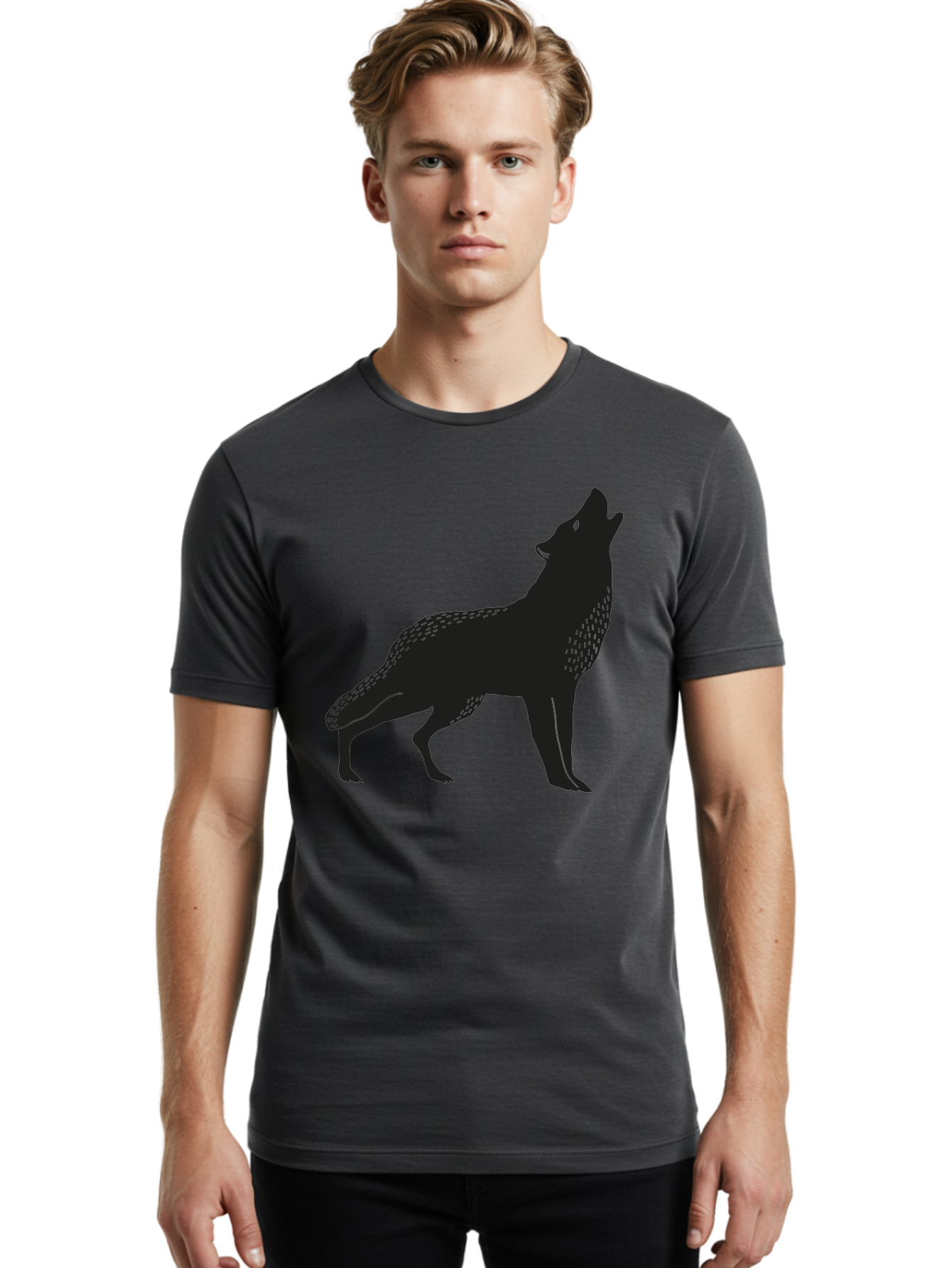 Wolf-Silhouette Men'S Graphic Tee, 100% Cotton, Comfortable Casual Summer Wear, Machine Washable, Wolf Silhouette, Howling At The Moon, Wildlife Art, Animal Graphics, Wild Animal, Abstract Design Aac249
