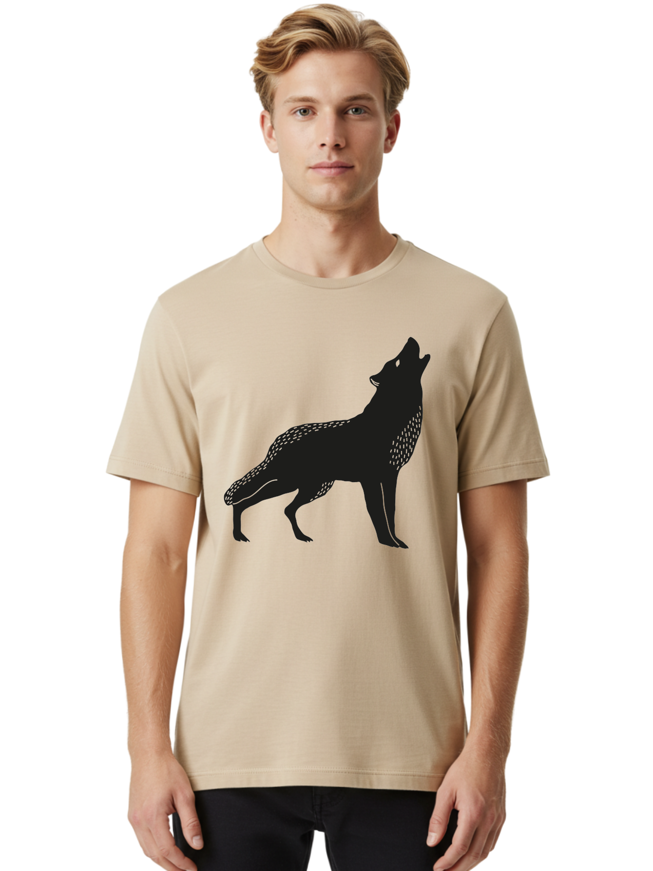 Wolf-Silhouette Men'S Graphic Tee, 100% Cotton, Comfortable Casual Summer Wear, Machine Washable, Wolf Silhouette, Howling At The Moon, Wildlife Art, Animal Graphics, Wild Animal, Abstract Design Aac249
