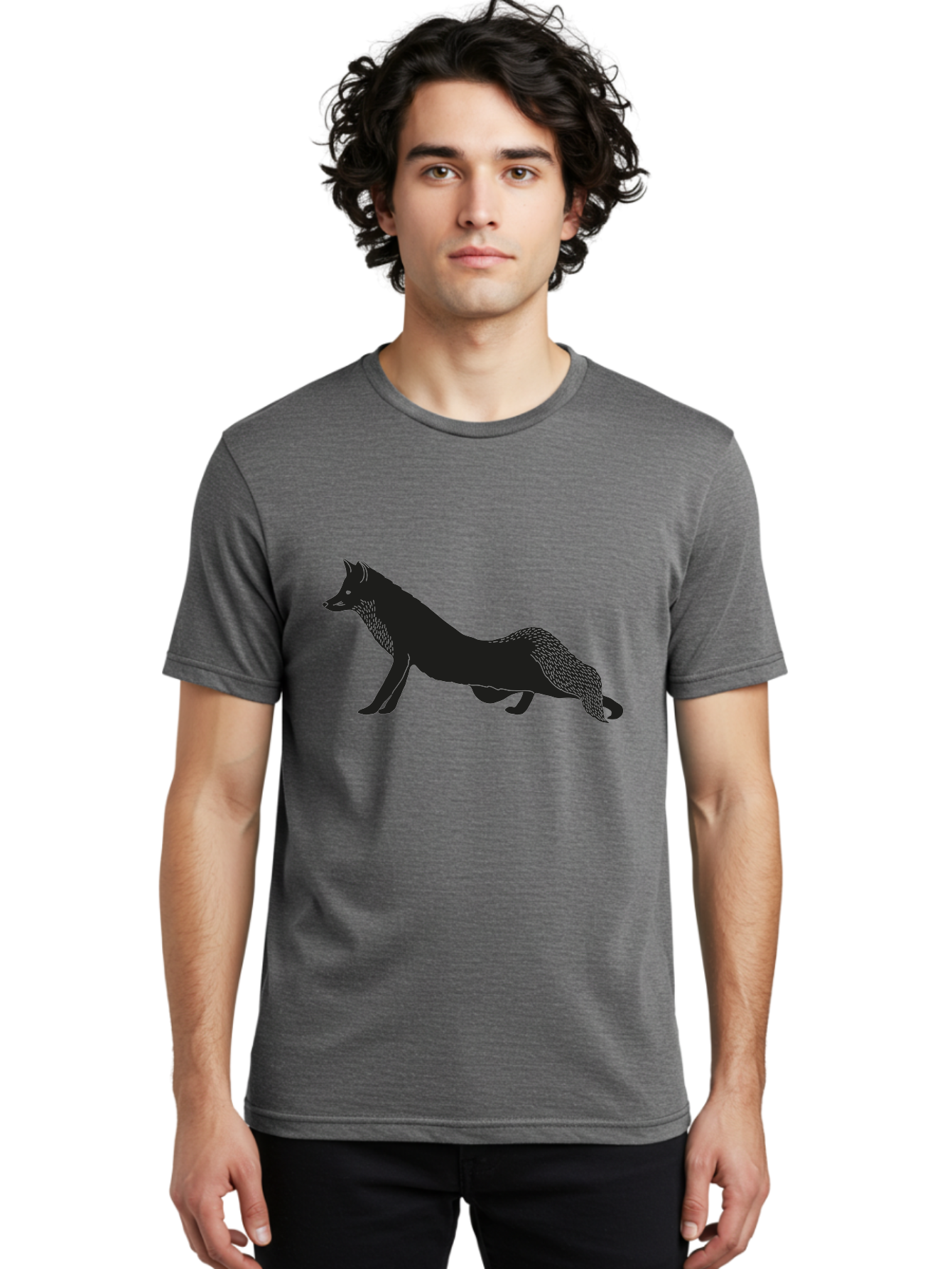 Wolf Men'S Graphic Tee, 100% Cotton, Comfortable Casual Summer Wear, Machine Washable, Black Fox Silhouette, Wild Animal, Wildlife, Nature, Furry Creature, Forest Dweller, Sharp Features, Minimalist Design Aac250