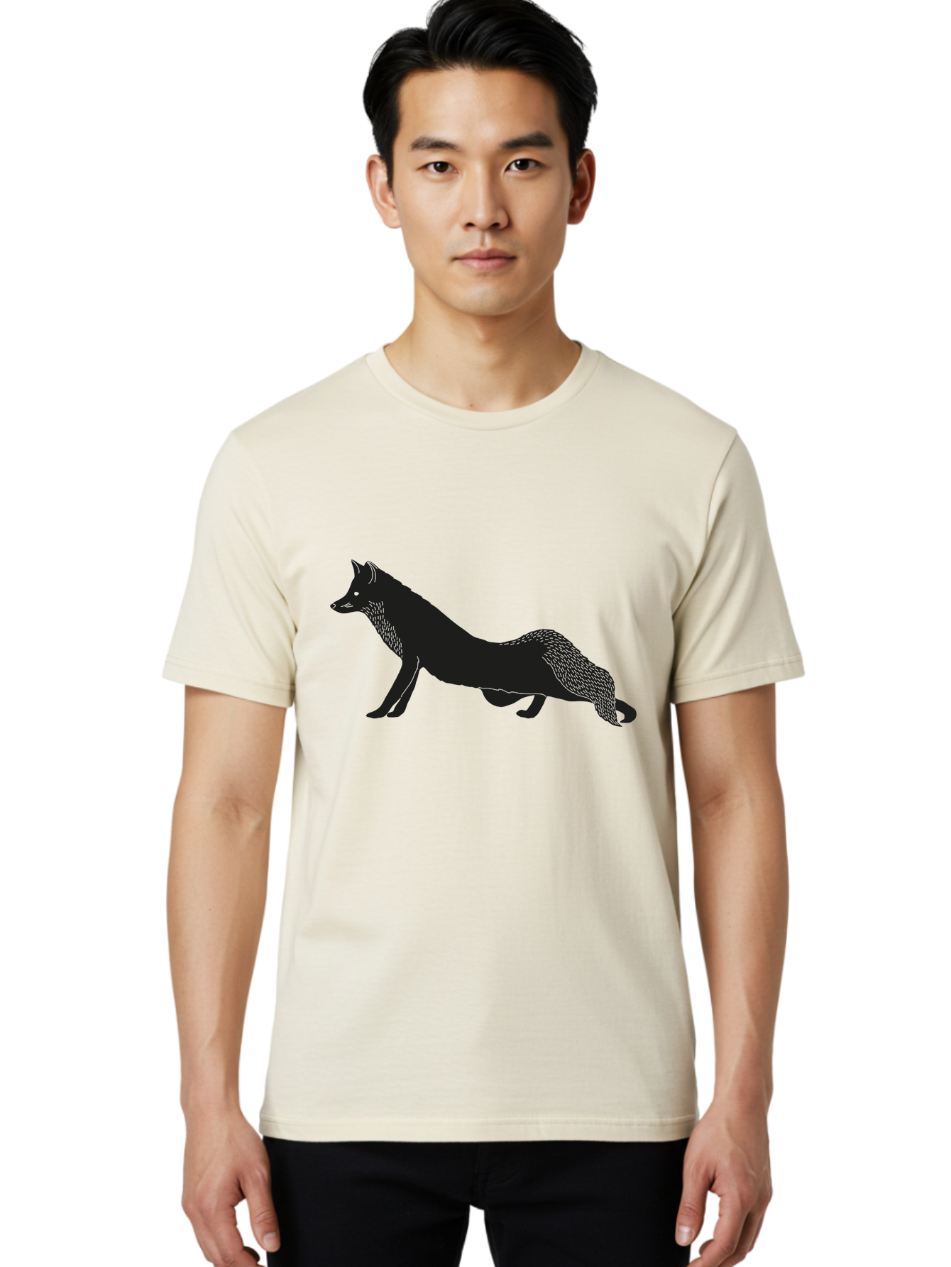 Wolf Men'S Graphic Tee, 100% Cotton, Comfortable Casual Summer Wear, Machine Washable, Black Fox Silhouette, Wild Animal, Wildlife, Nature, Furry Creature, Forest Dweller, Sharp Features, Minimalist Design Aac250